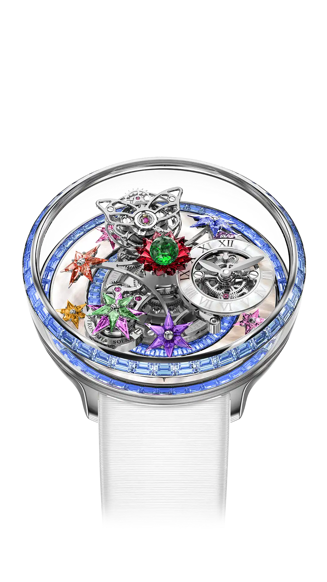 The white gold Fleurs de Jardin, with a baguette-cut, blue sapphire bezel and multicolored flowers.