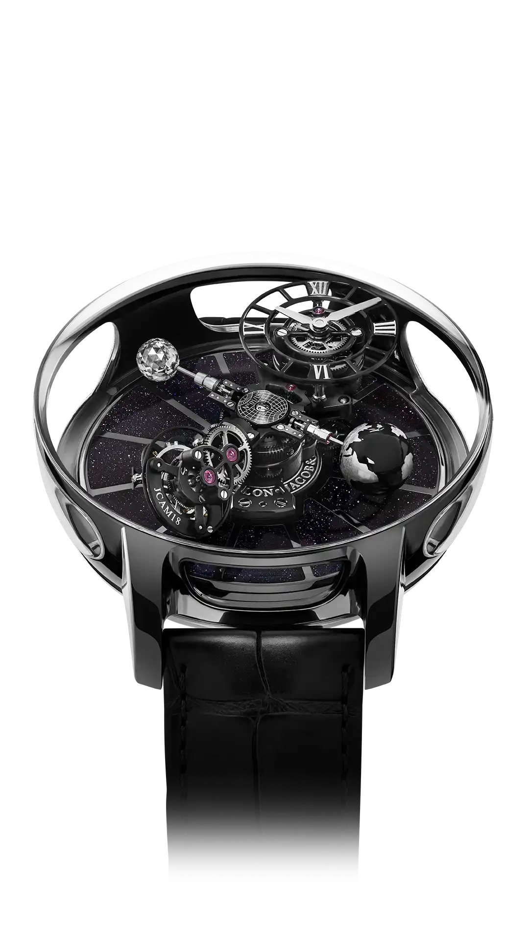 The black ceramic Astronomia Tourbillon, with a black platform base, the Earth, and moon.
