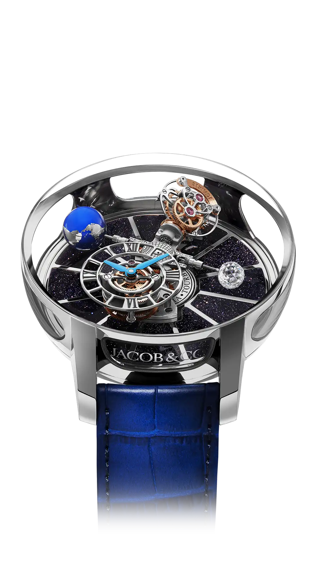 The white gold Astronomia Tourbillon, with a black platform base, the Earth, and moon.