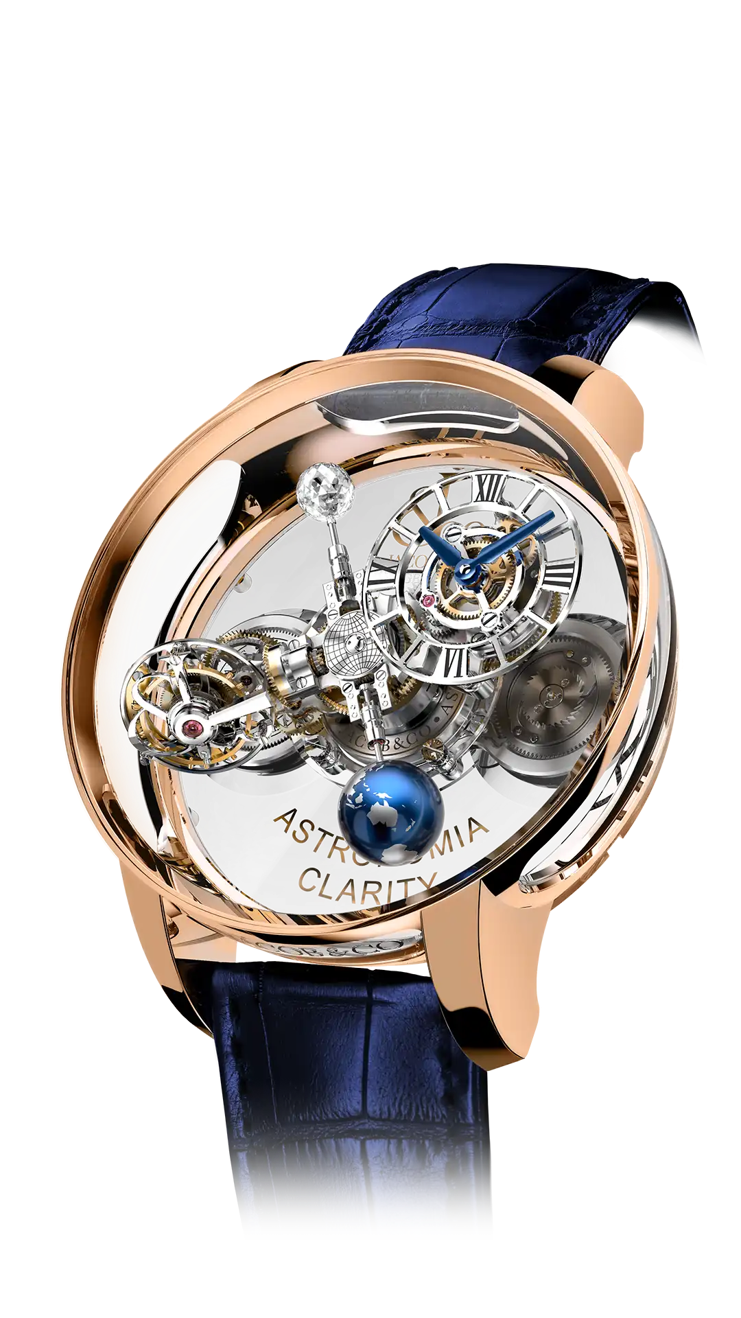 The rose gold Astronomia Tourbillon Clarity, with a clear sapphire crystal caseback, a rotating earth and moon.