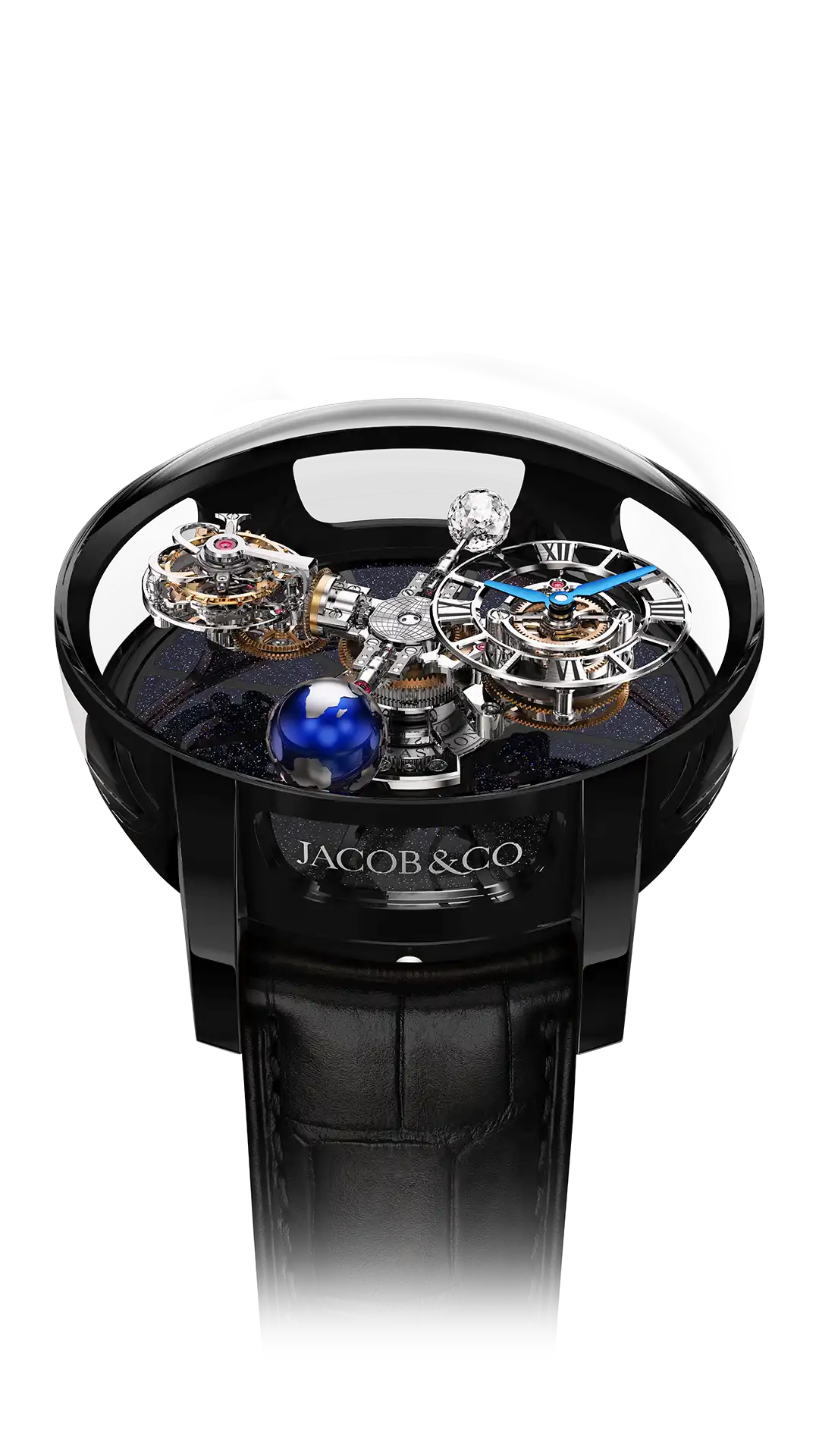 The black gold Astronomia Tourbillon, with a black platform base, the Earth, and moon.