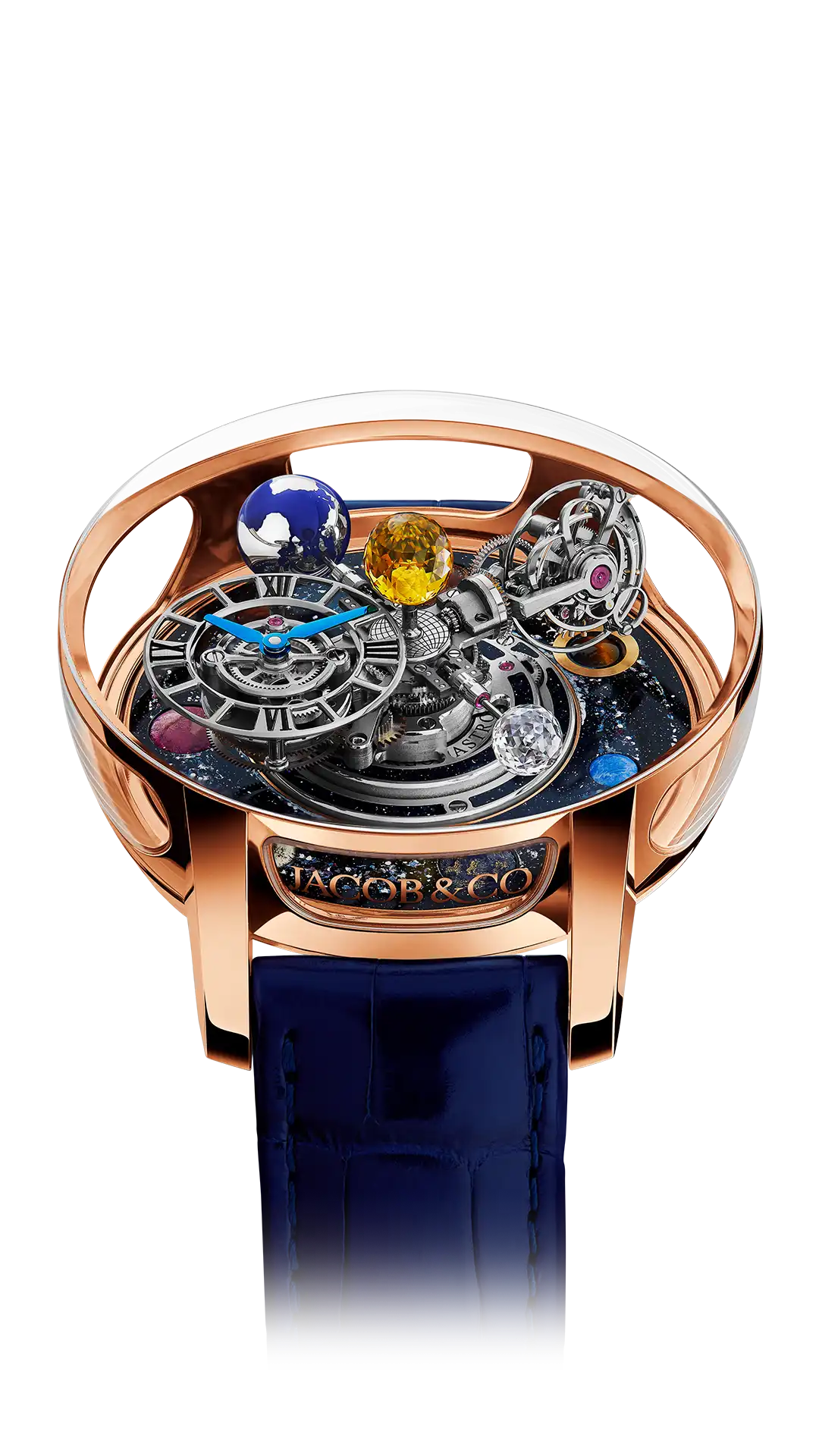 The rose gold Astronomia Typhoon, with a galaxy platform base, planets, the Earth, sun, and moon