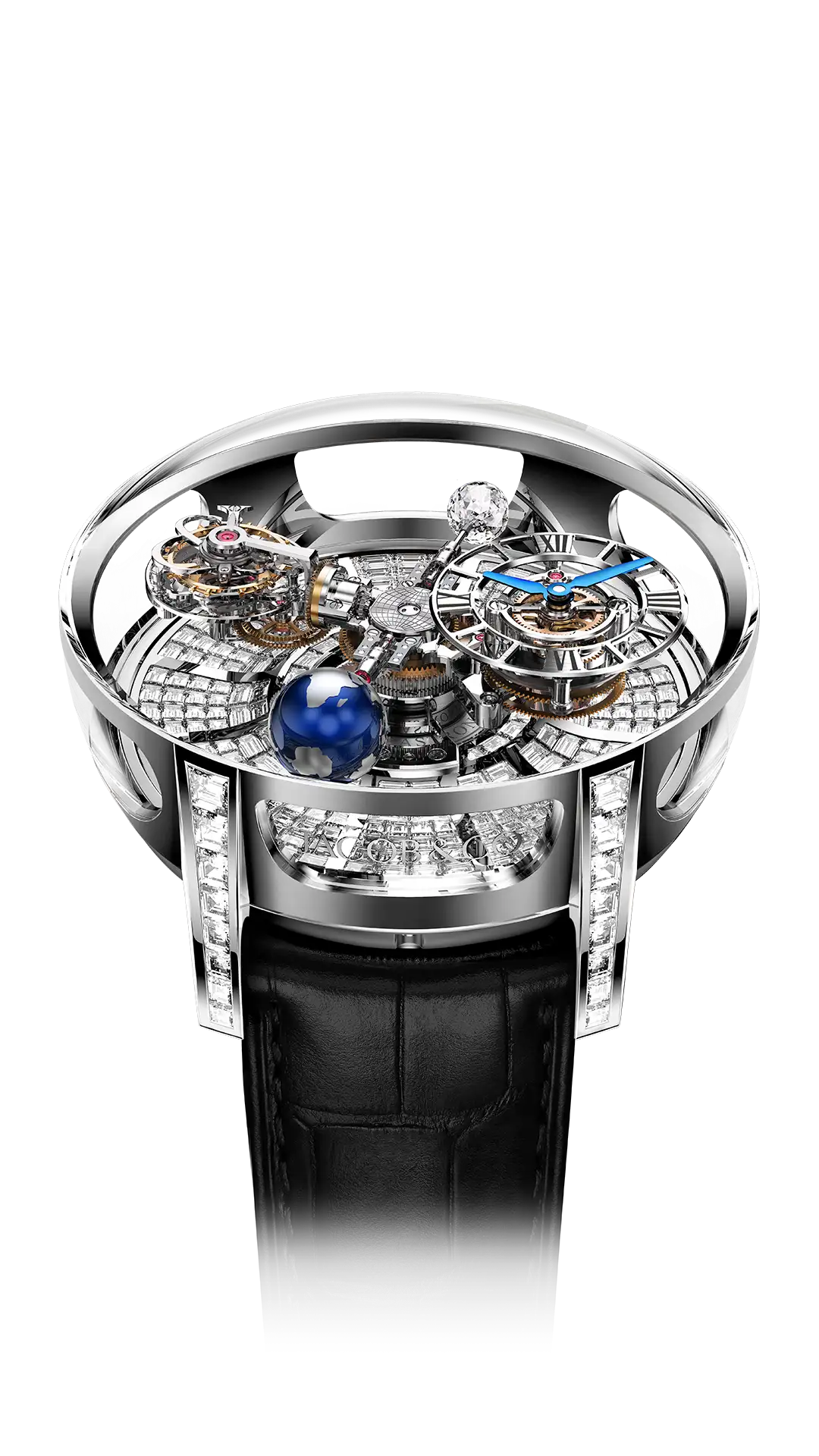 The white gold Astronomia Tourbillon Baguette, set with white diamonds across the platform base and lugs.