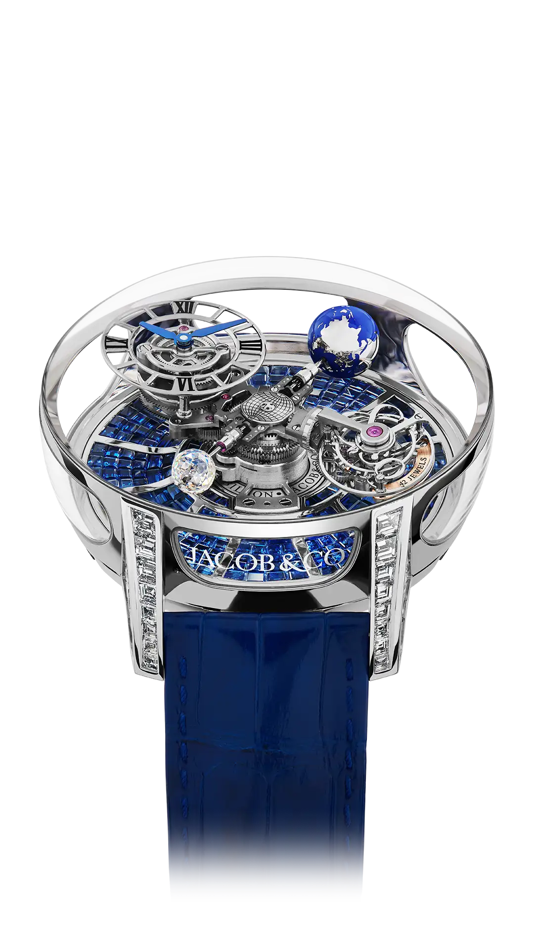 The white gold Astronomia Tourbillon Baguette, with blue sapphires on the base and diamond lugs.
