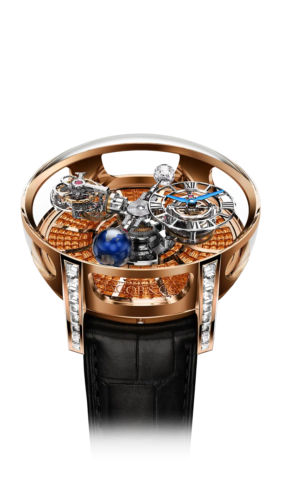 The rose gold Astronomia Tourbillon Baguette, with orange sapphires on the base and diamond lugs.