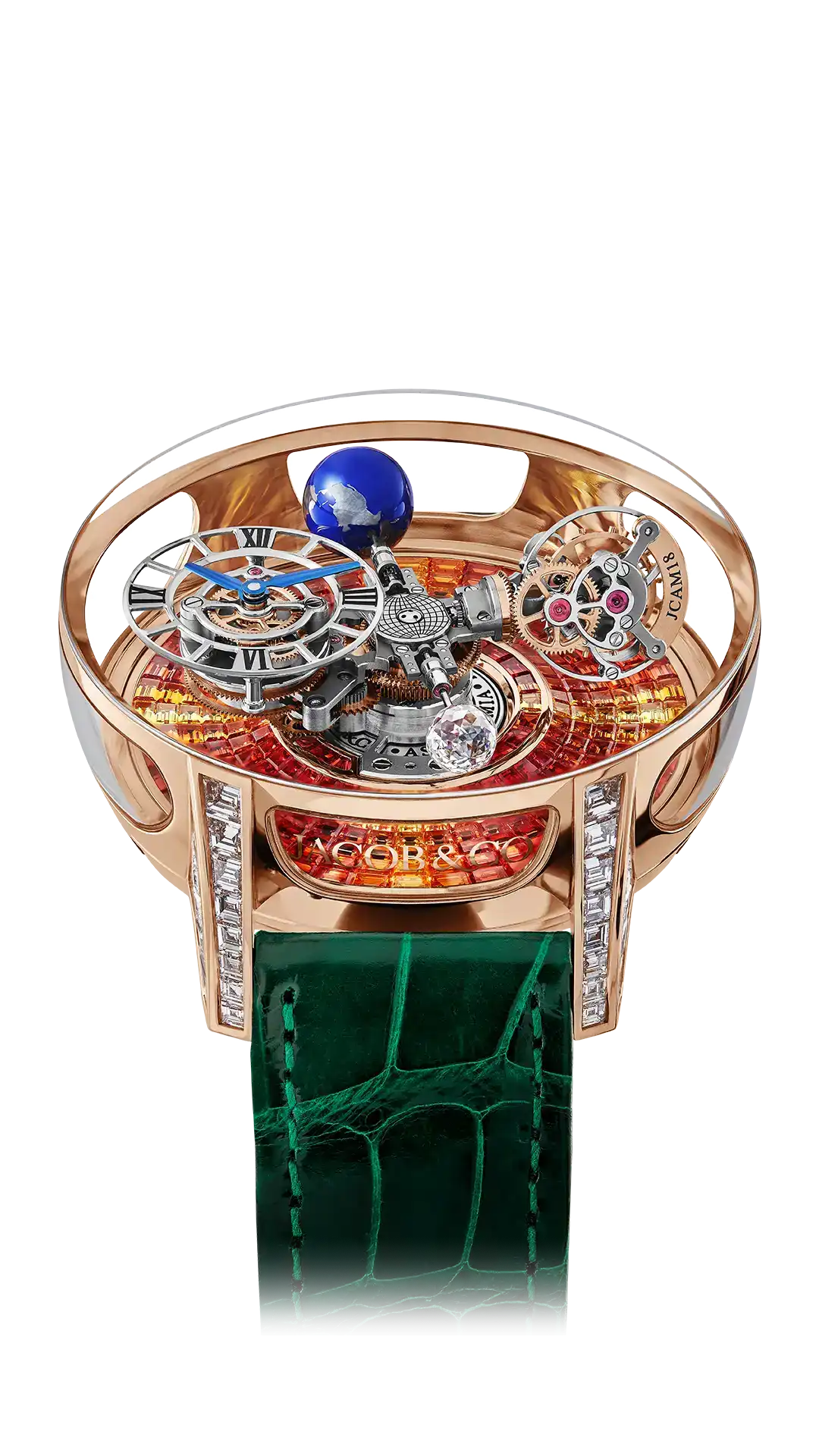 The rose gold Astronomia Tourbillon Baguette, with red orange and yellow sapphires on the base and diamond lugs.