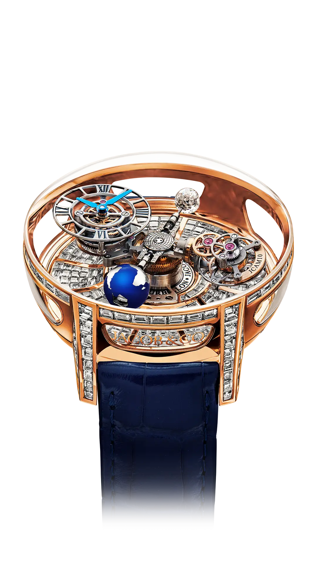 The rose gold Astronomia Tourbillon Baguette, with white diamonds across the platform base, lugs, and bezel.