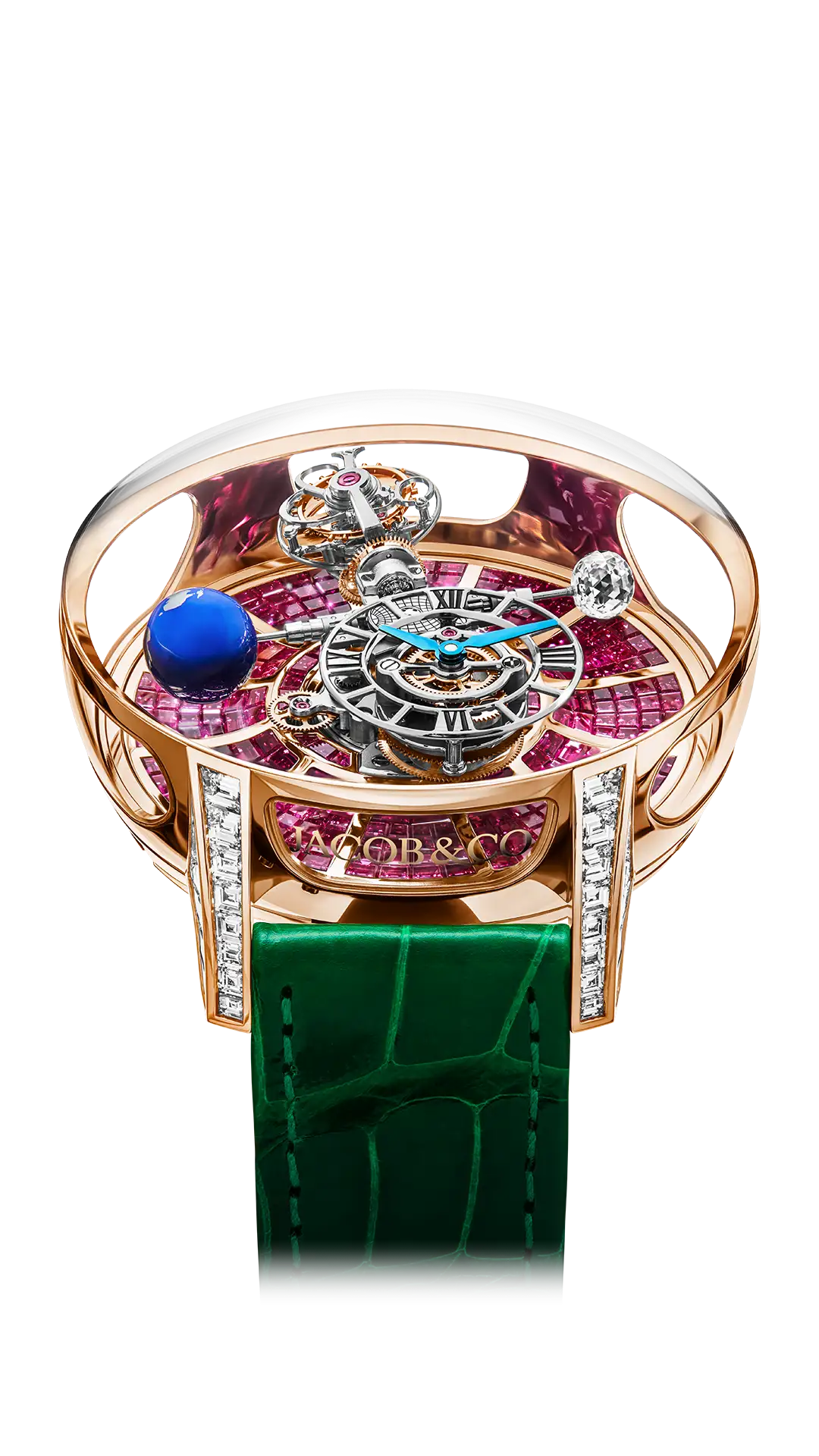 The rose gold Astronomia Tourbillon Baguette, with a ruby platform base and diamond lugs.
