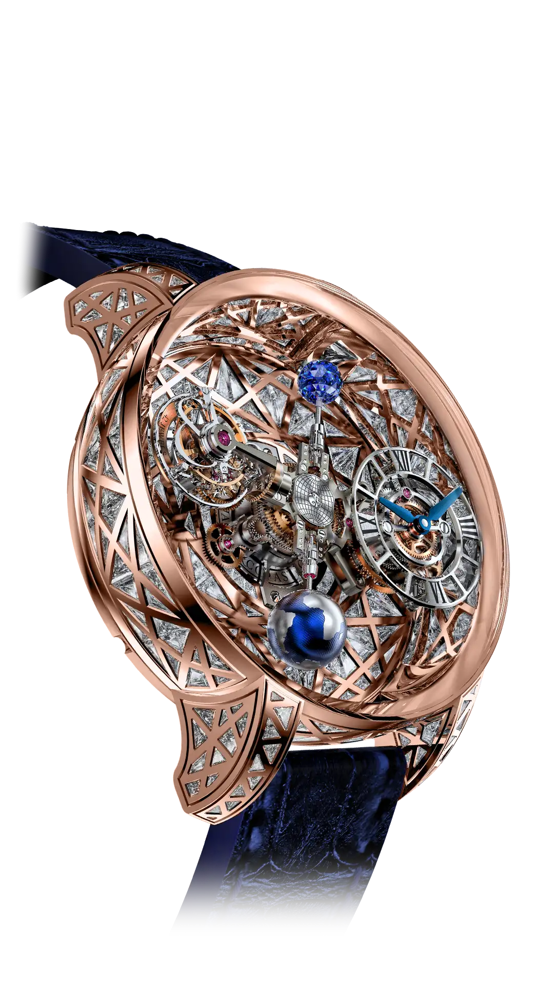 The rose gold Astronomia Tourbillon Baguette, with intricate triangle-cut diamonds across the case, base, and lugs.