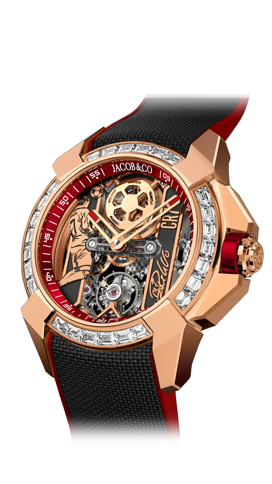 The rose gold Epic X CR7, with a baguette-cut diamond-set bezel, with red accents, and a red mineral caseback.
