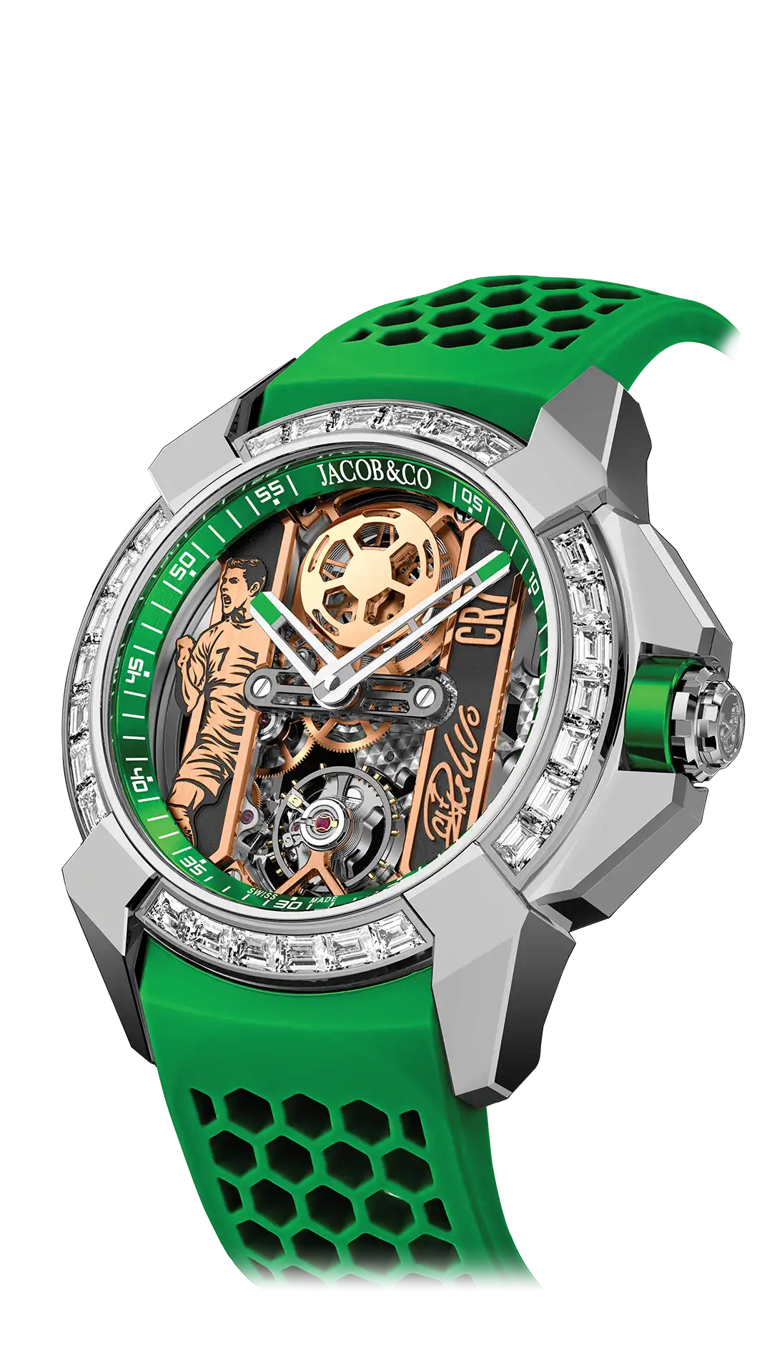 The stainless steel Epic X CR7, with a baguette-cut diamond-set bezel, green accents and a green mineral caseback.