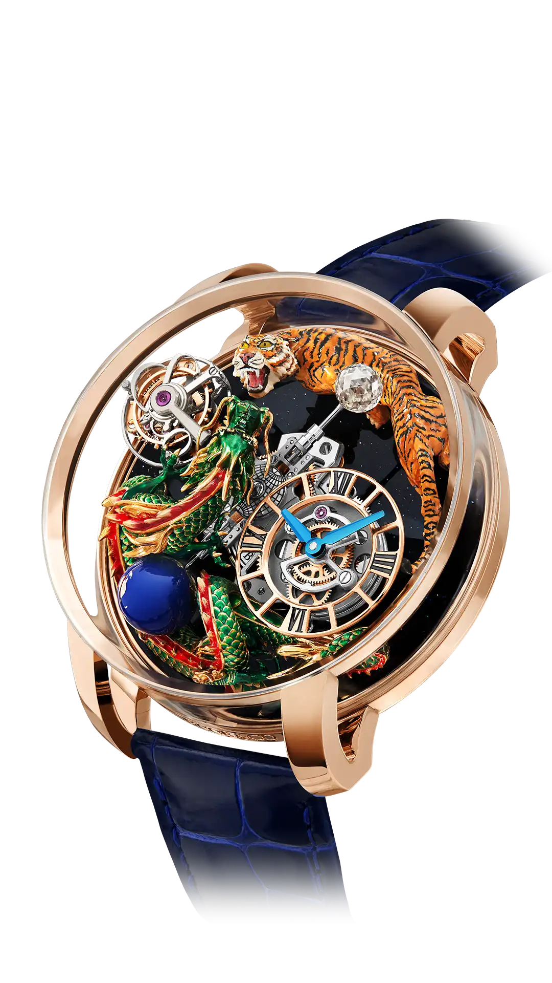 The rose gold, Astronomia Dragon & Tiger. Within is a green dragon facing off against a tiger. The base is opaque.