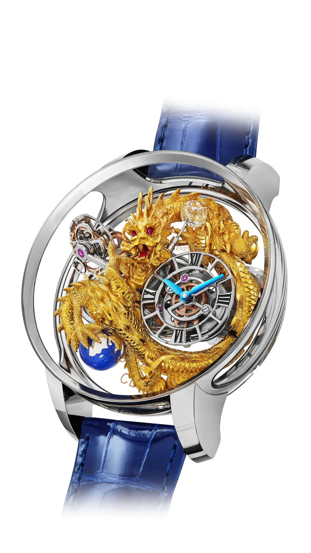 The platinum Astronomia Dragon. Within is a yellow gold dragon figurine. The base is see through.