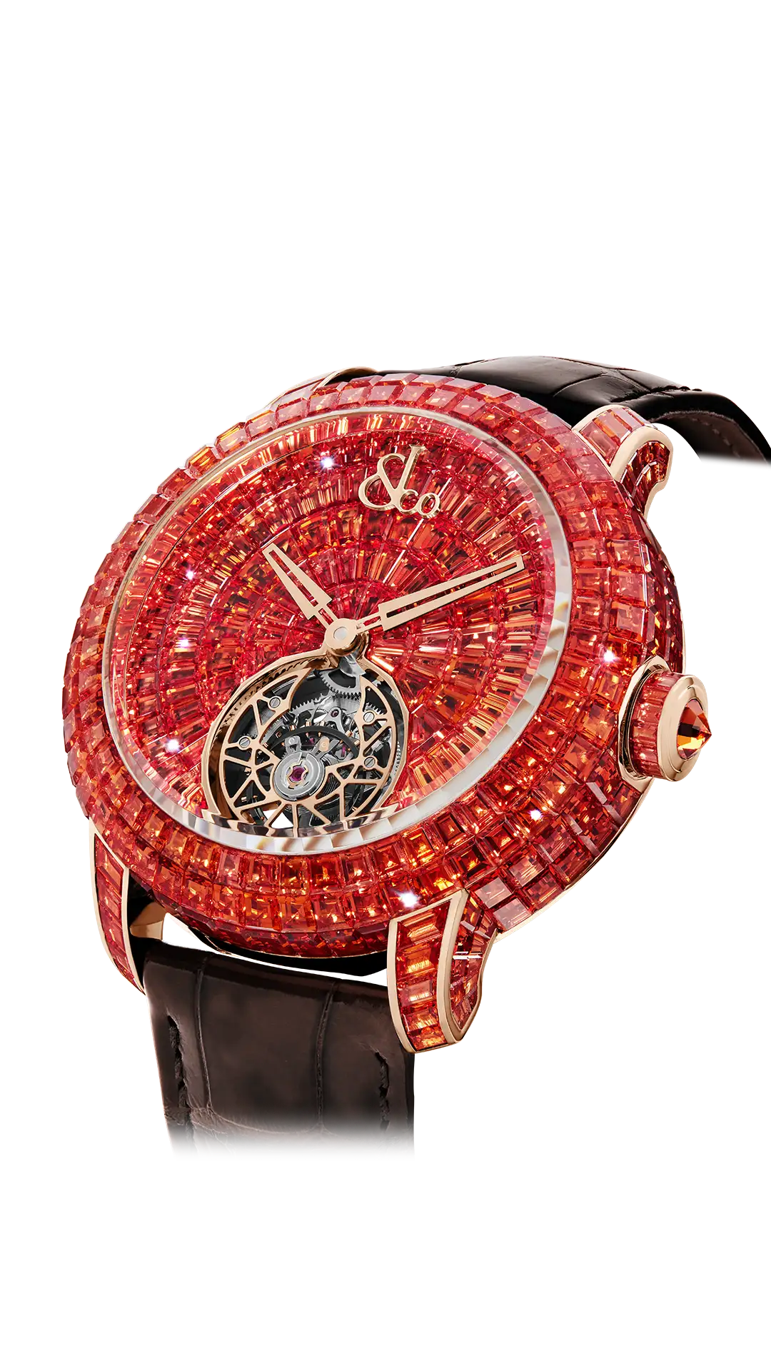 The rose gold Caviar Tourbillon, set with baguette-cut orange sapphires.