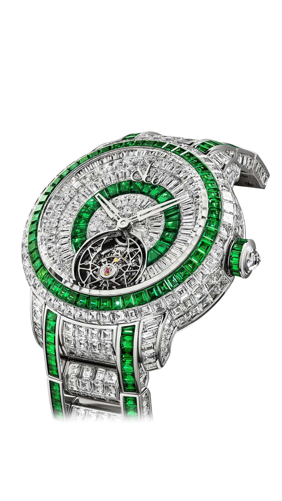 The white gold Caviar Tourbillon, set with baguette-cut diamonds and green sapphires.
