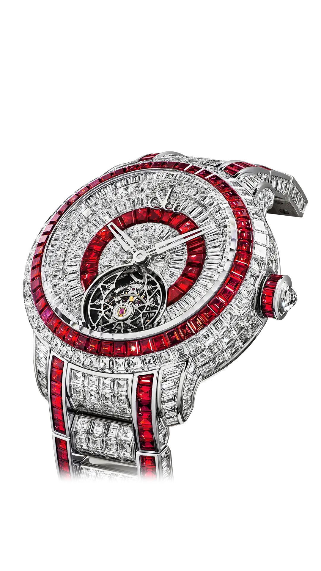The white gold Caviar Tourbillon, set with baguette-cut diamonds and red sapphires.