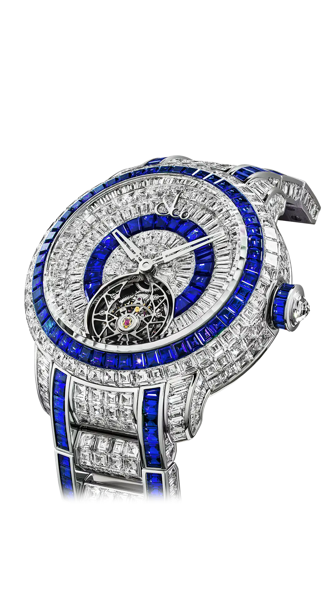 The white gold Caviar Tourbillon, set with baguette-cut diamonds and blue sapphires.