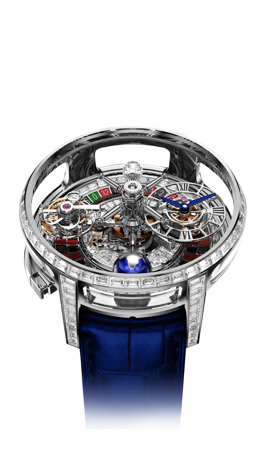 The white gold Astronomia Casino, set with baguette-cut white diamonds across the bezel, lugs, and platform base.