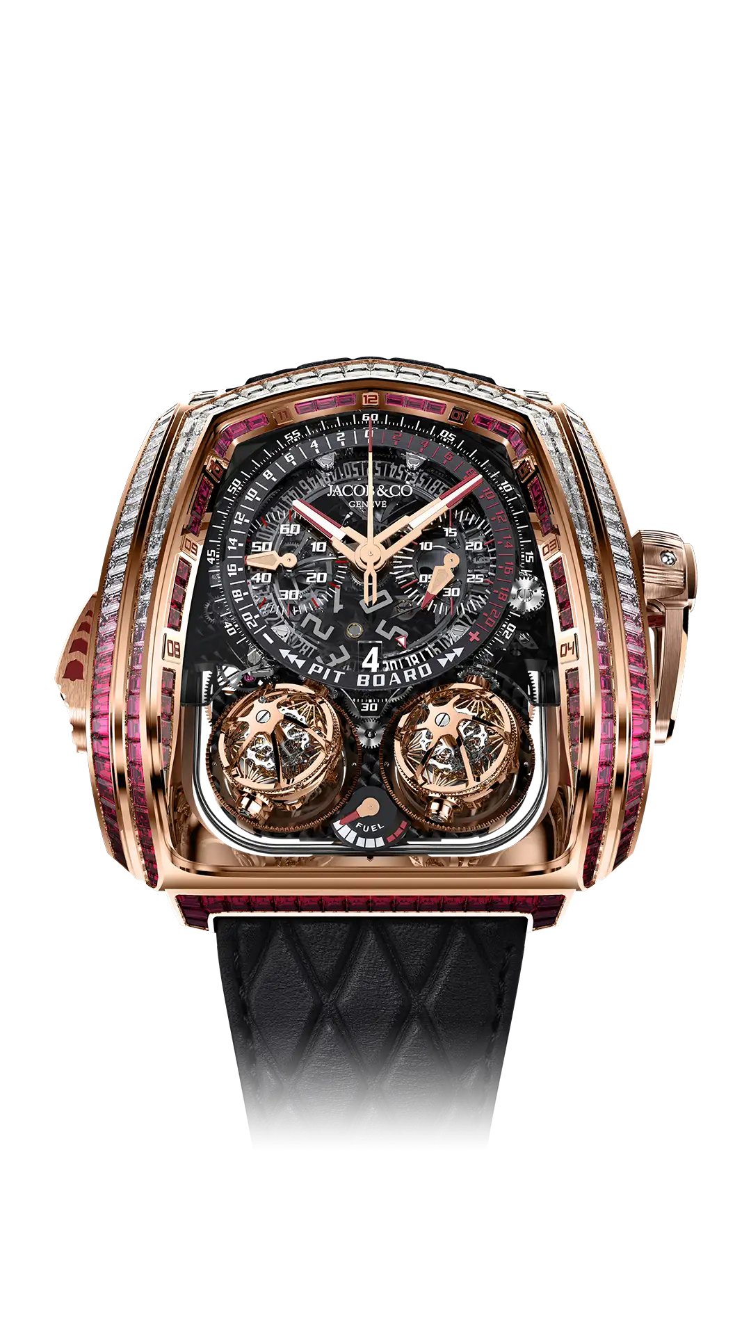 The rose gold Twin Turbo Furious Baguette, set with baguette-cut white diamonds and rubies. The hour markers are rubies.