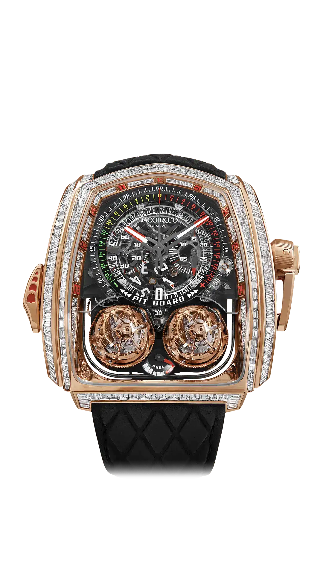The rose gold Twin Turbo Furious Baguette, set with baguette-cut white diamonds. The hour markers are made of rubies.