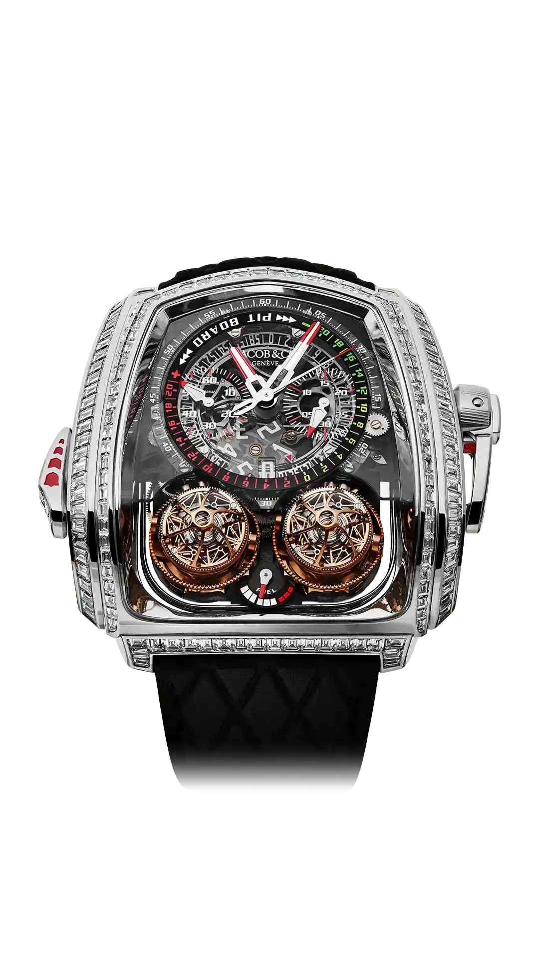 The white gold Twin Turbo Furious Baguette, set with baguette-cut white diamonds.