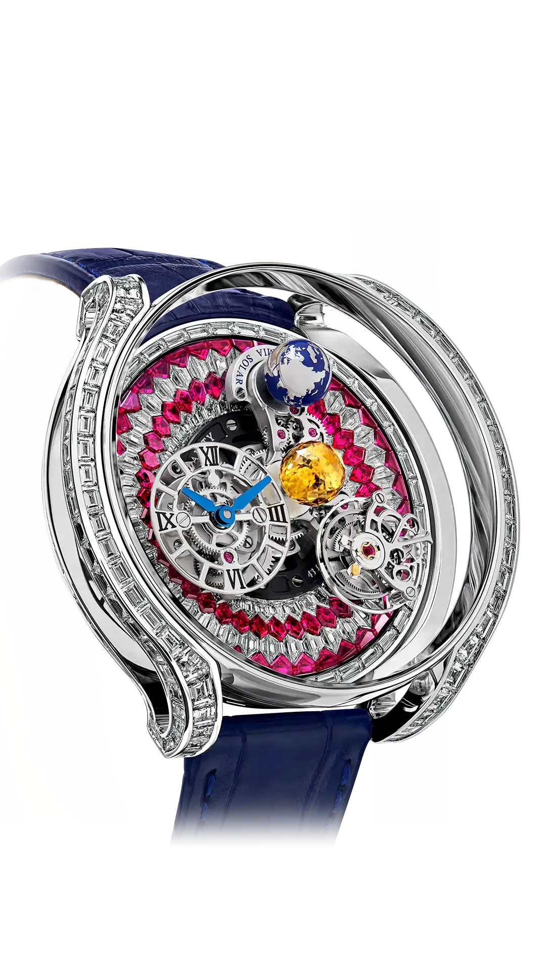 The white gold Astronomia Solar Constellations, with a 3D Diamond and Ruby-set platform, and a rotating sun and Earth.