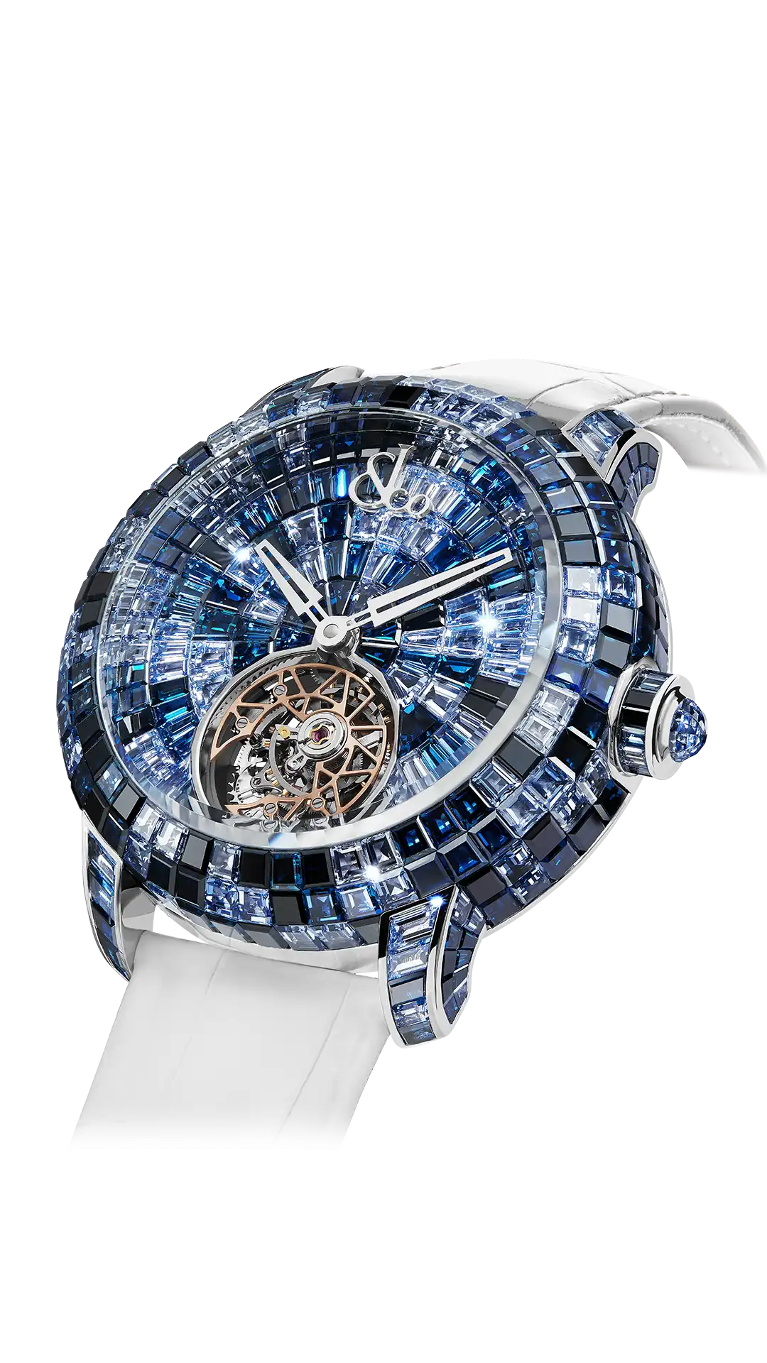 The white gold Caviar Tourbillon, set with baguette-cut, multicolored blue sapphires.