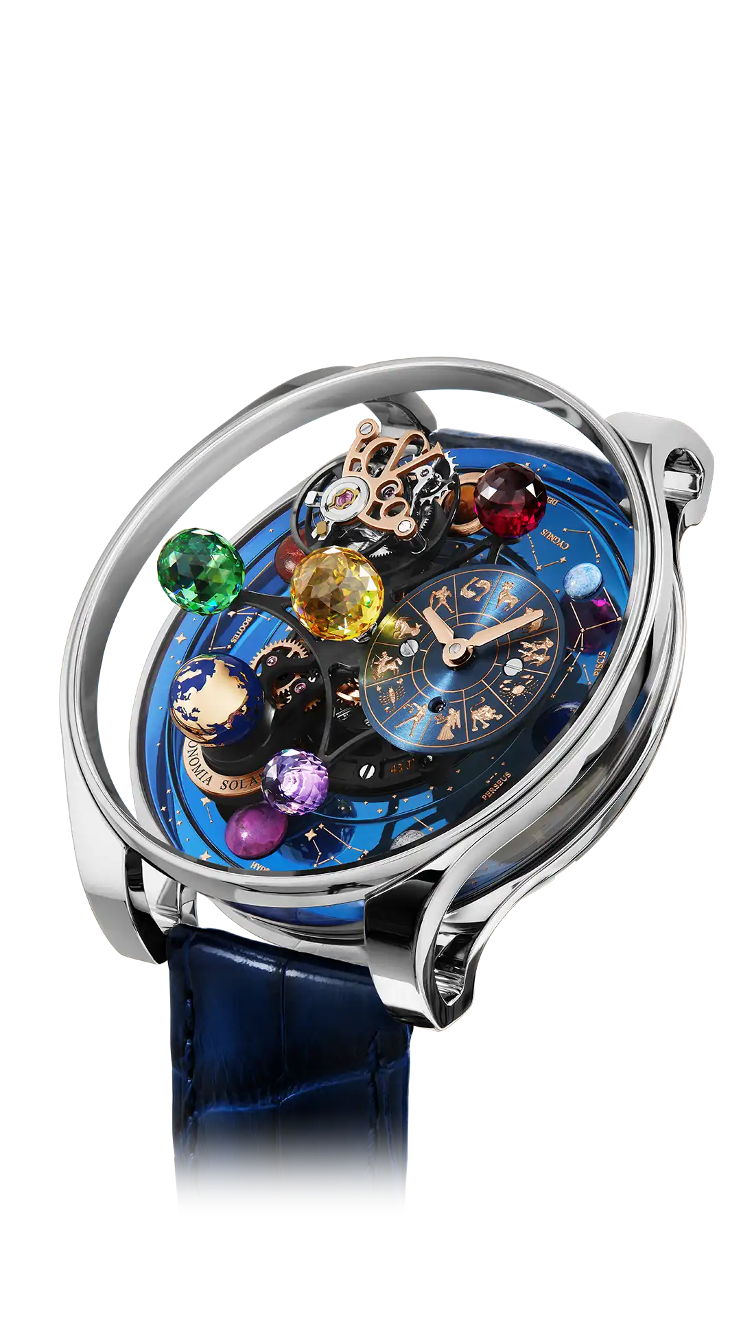 The white gold Astronomia Solar Constellations, with a constellation platform, a zodiac dial, and multicolored planets.