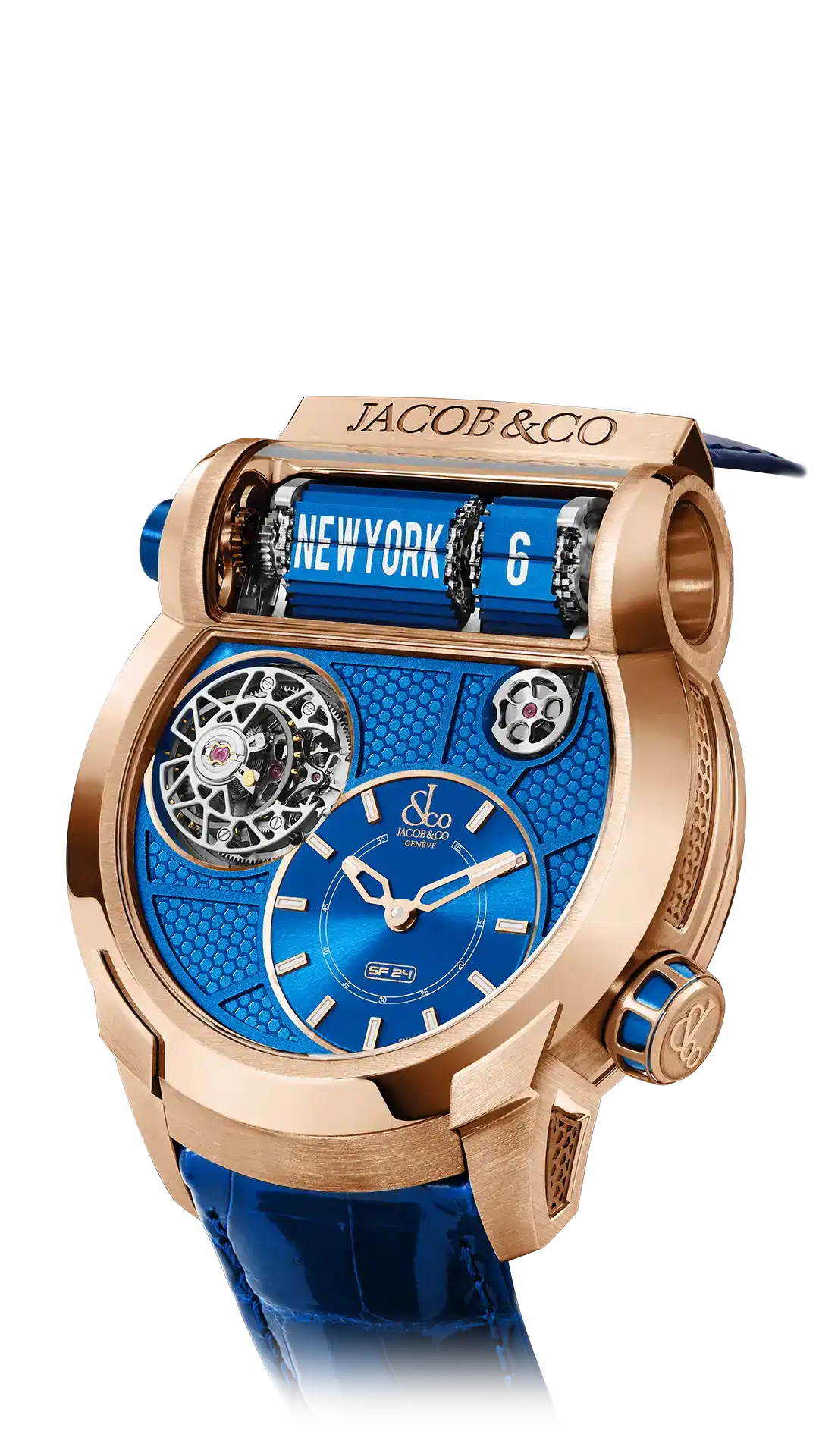 The rose gold Epic SF24, with a blue grid dial.