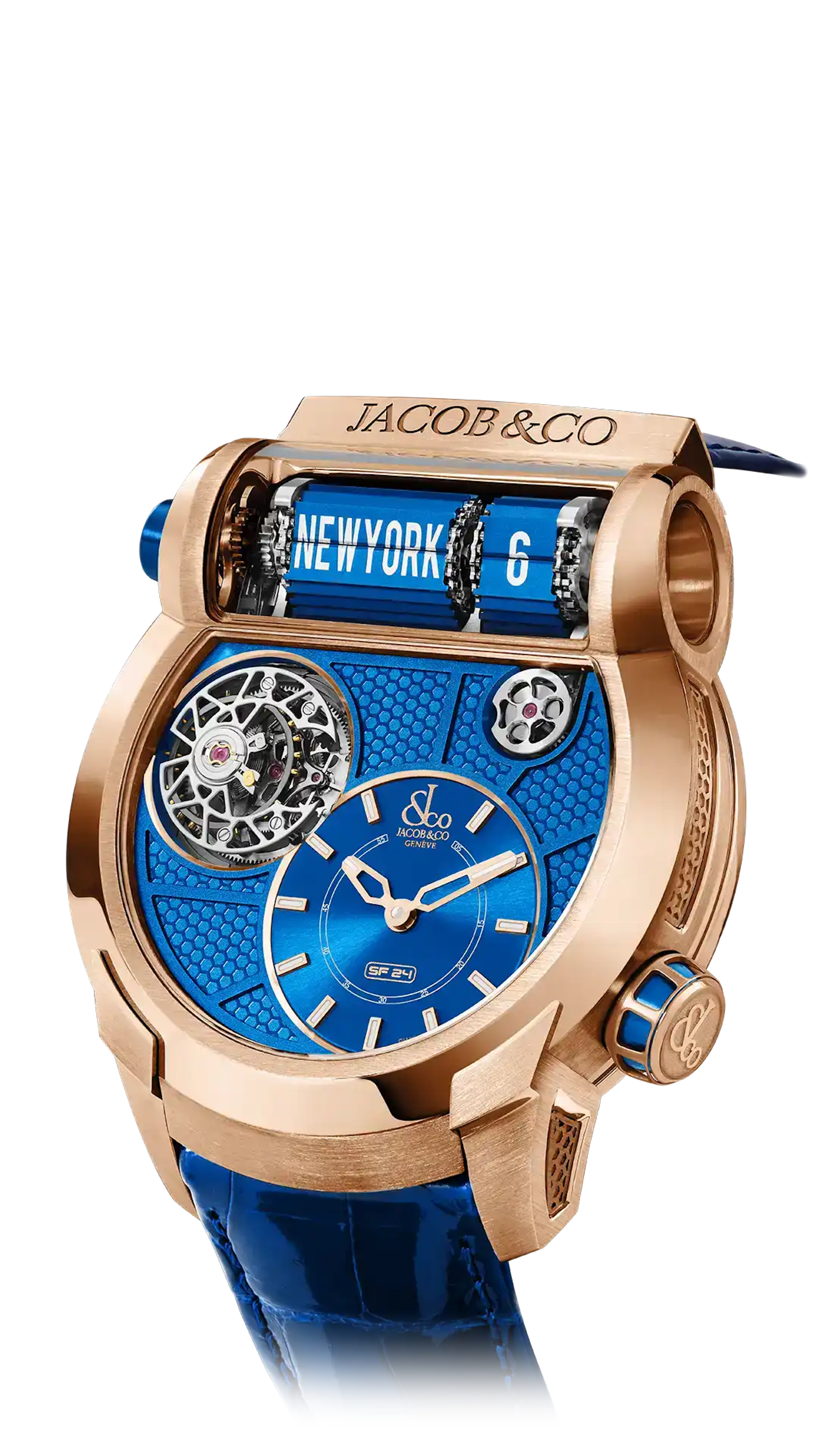 The rose gold Epic SF24, with a blue grid dial.