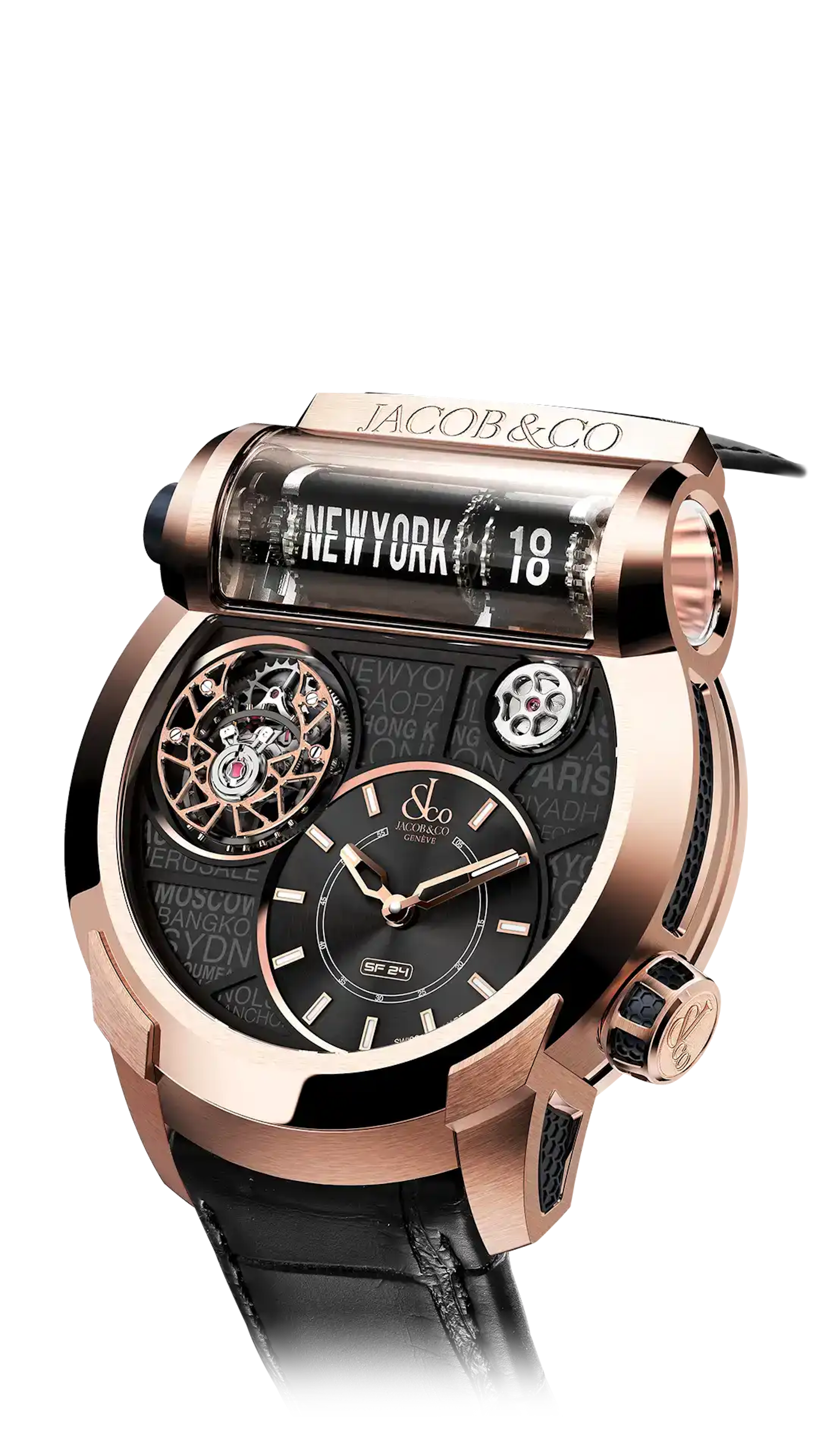 The rose gold Epic SF24, with a black city dial.