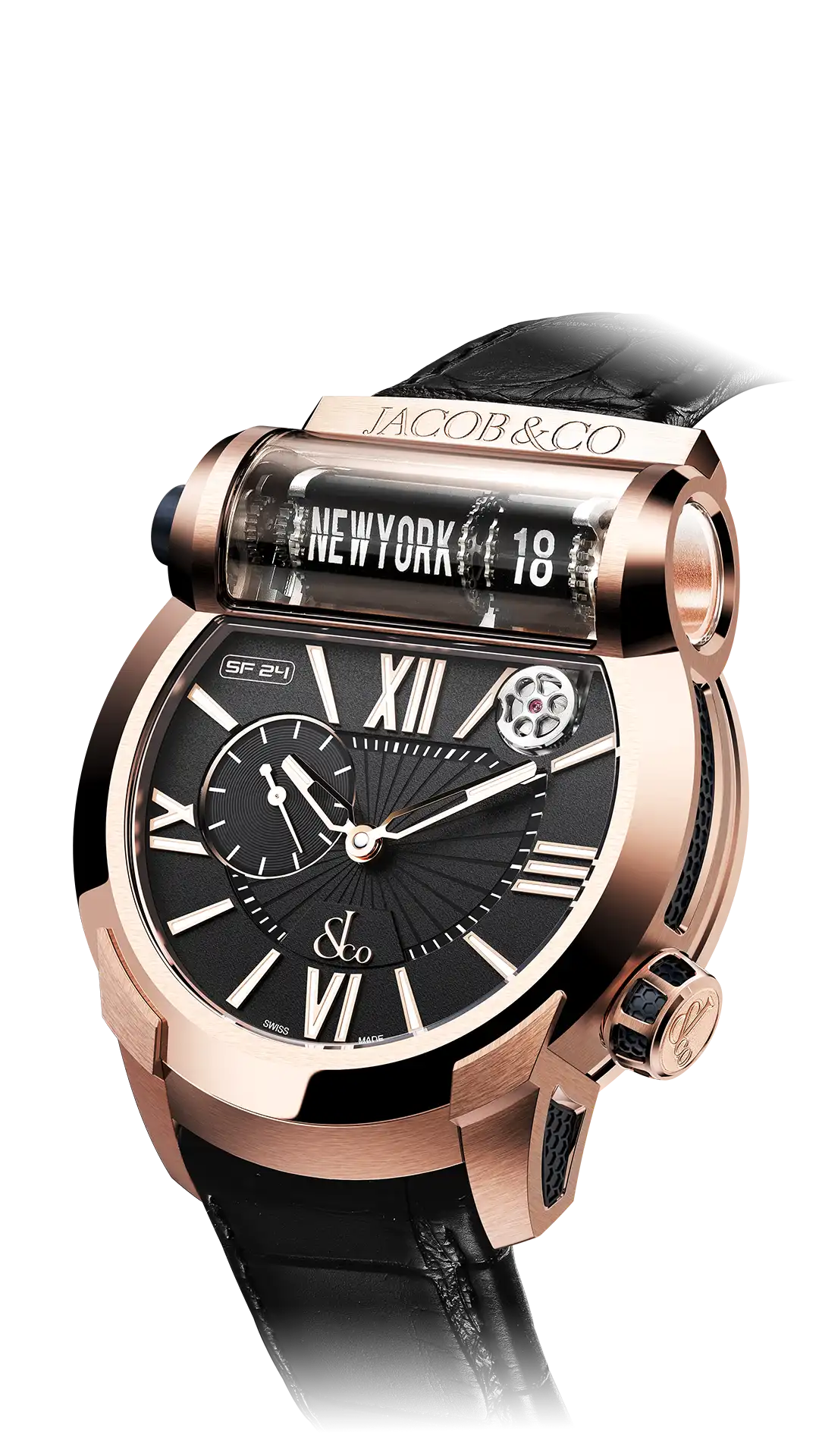 The rose gold Epic SF24, with black dial and accents.