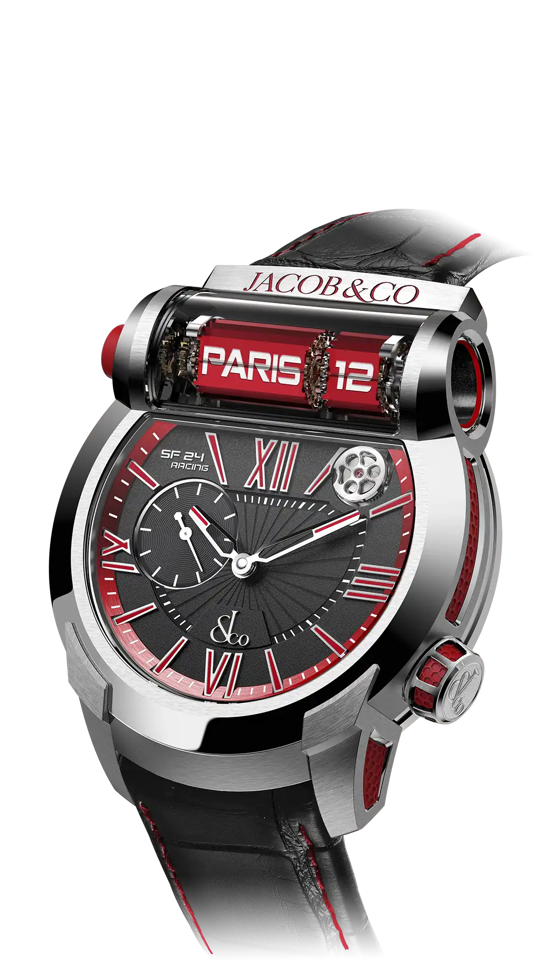 The titanium Epic SF24, with a black dial and red accents.