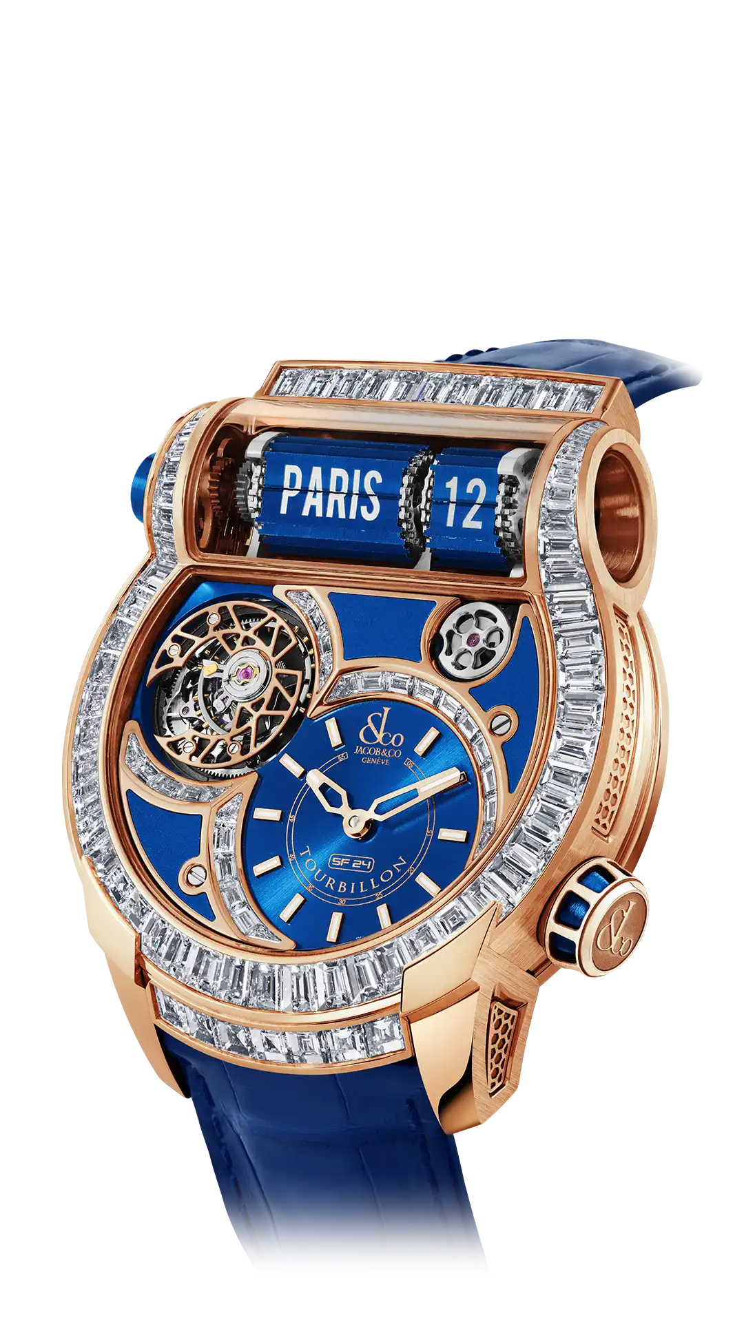 The rose gold, blue dial Epic SF24 Tourbillon Baguette, with diamonds set across the dial and bezel.