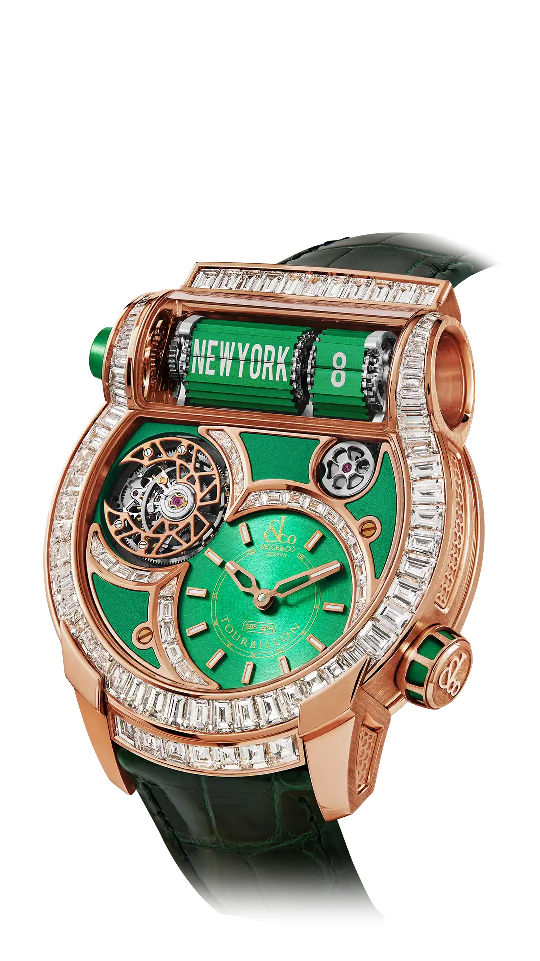 The rose gold, green dial Epic SF24 Tourbillon Baguette, with diamonds set across the dial and bezel.
