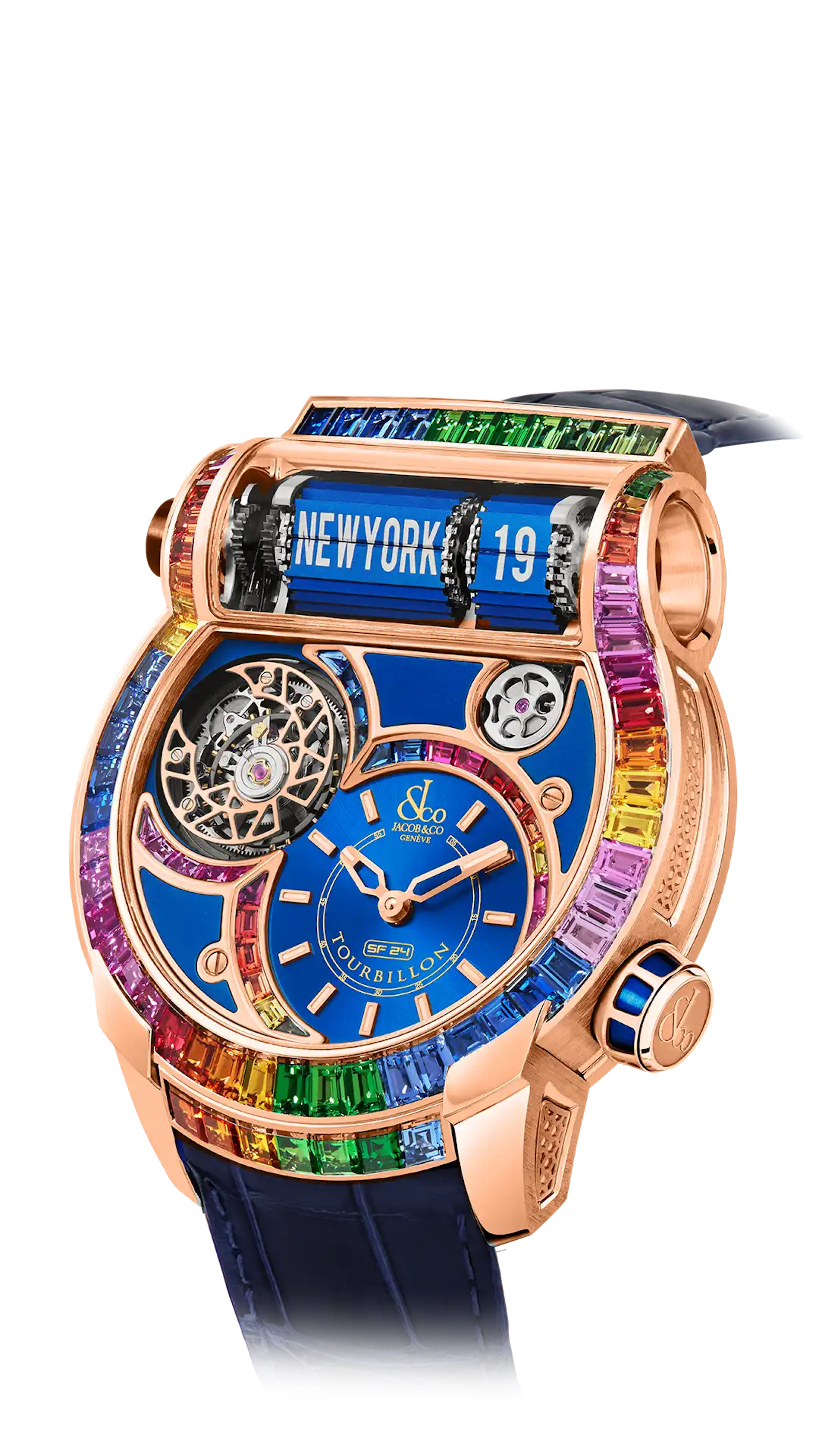 The rose gold, blue dial Epic SF24 Tourbillon Baguette, with rainbow sapphires set across the dial and bezel.