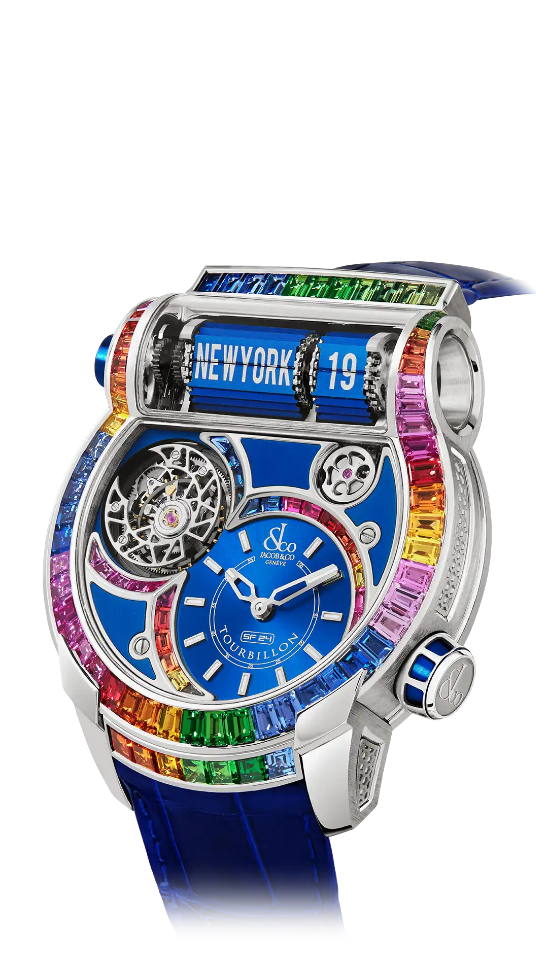 The white gold, blue dial Epic SF24 Tourbillon Baguette, with rainbow sapphires set across the dial and bezel.