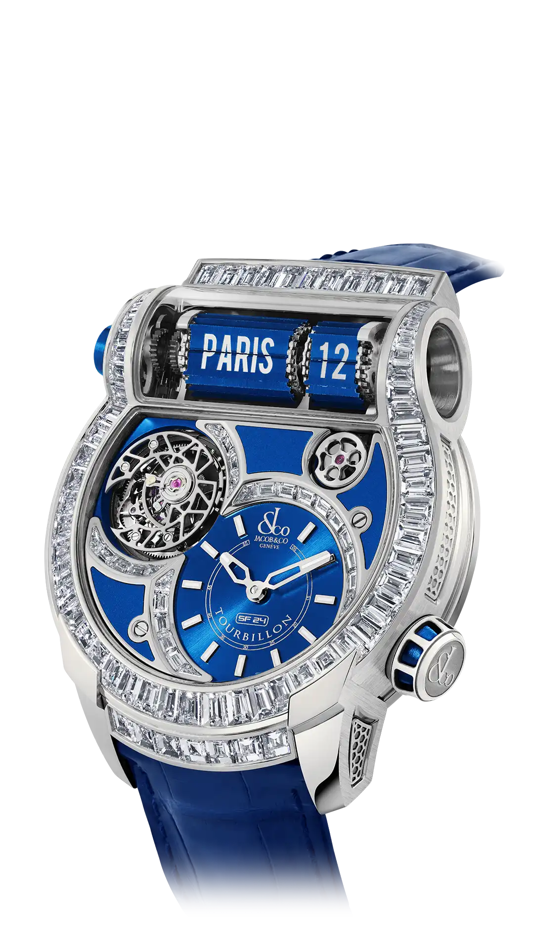 The white gold, blue dial Epic SF24 Tourbillon Baguette, with diamonds set across the dial and bezel.