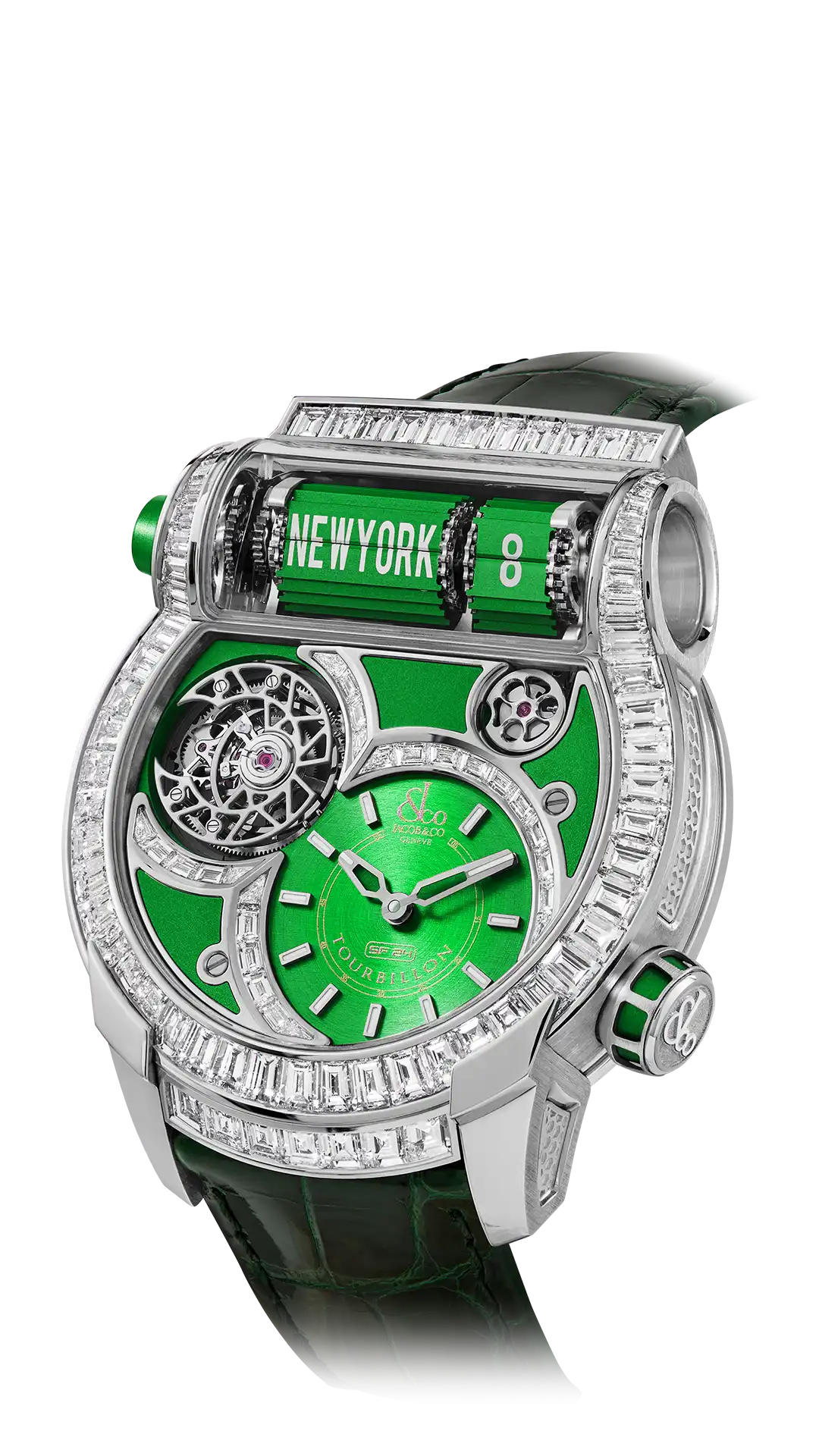 The white gold, green dial Epic SF24 Tourbillon Baguette, with diamonds set across the dial and bezel.