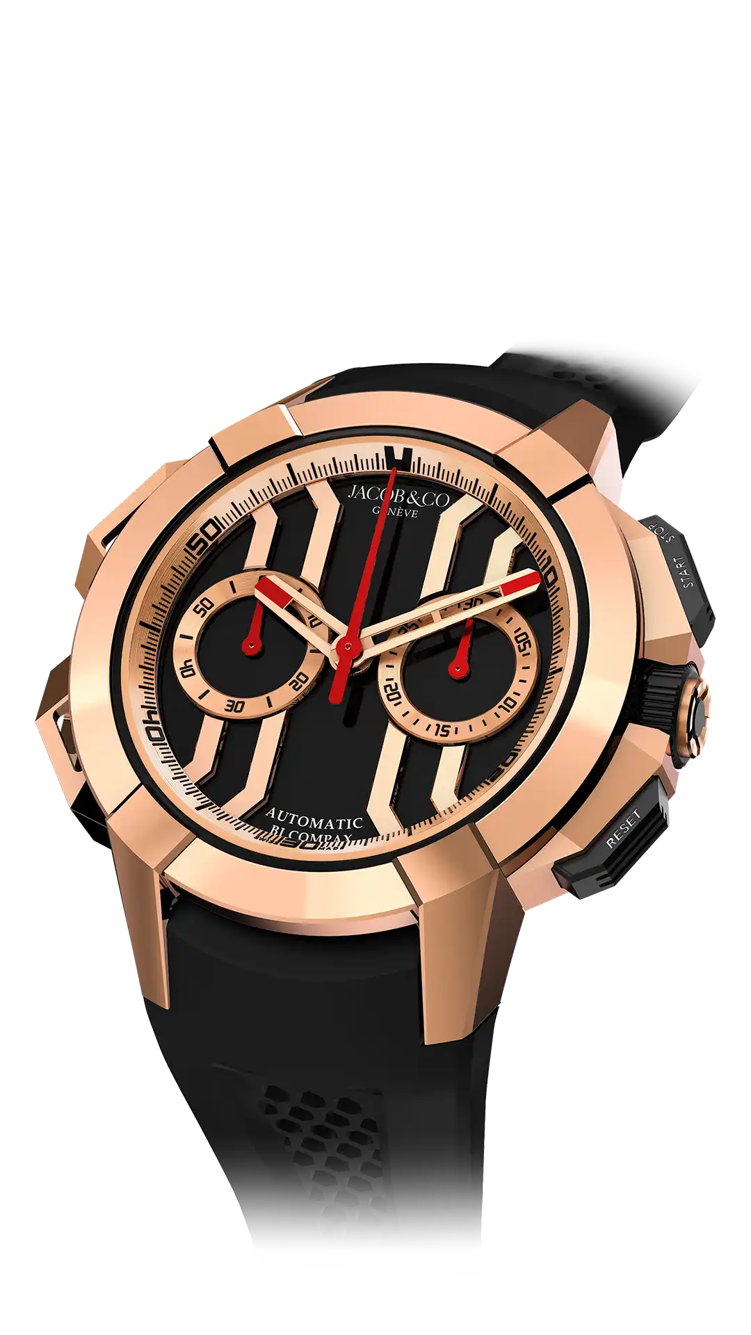 The rose gold Epic X Chrono 44-millimeter, with a black dial.