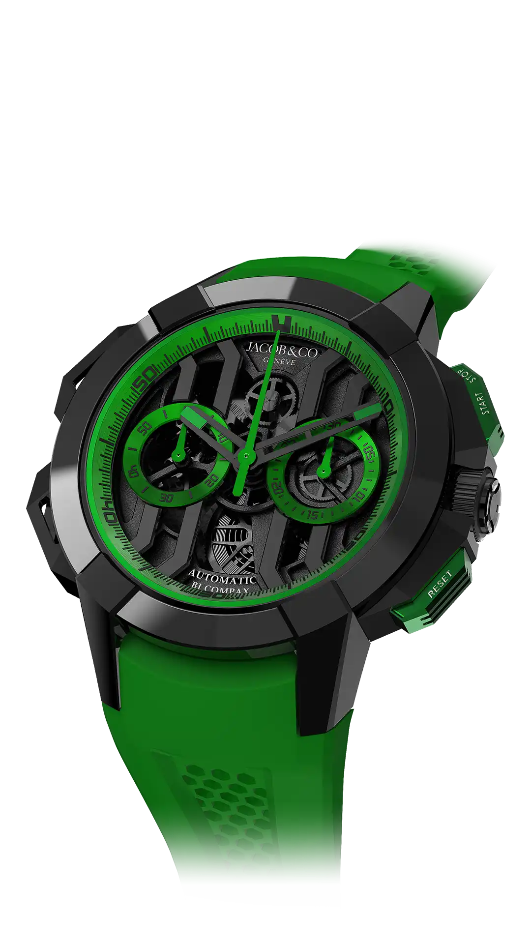 The black titanium Epic X Chrono 44-millimeter, with a black dial and green accents.