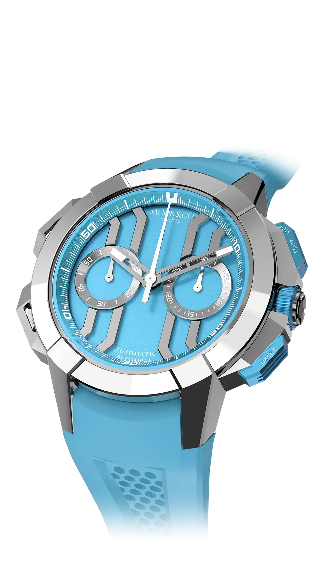 The titanium Epic X Chrono 44-millimeter, with a light blue dial.