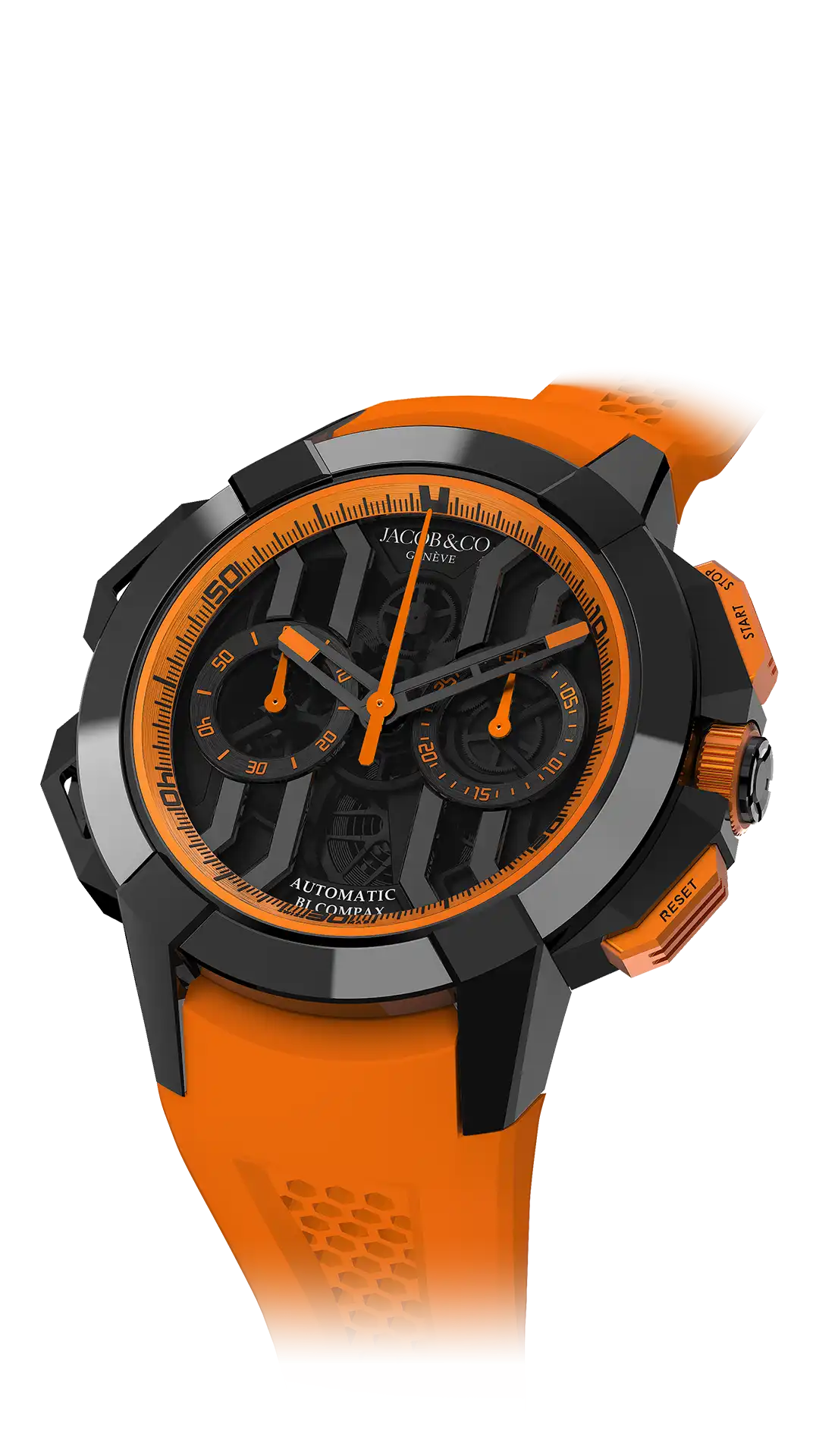 The black titanium Epic X Chrono 44-millimeter, with a black dial and orange accents.