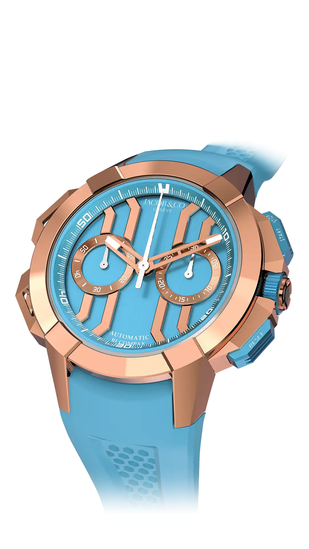 The rose gold Epic X Chrono 44-millimeter, with a light blue dial.