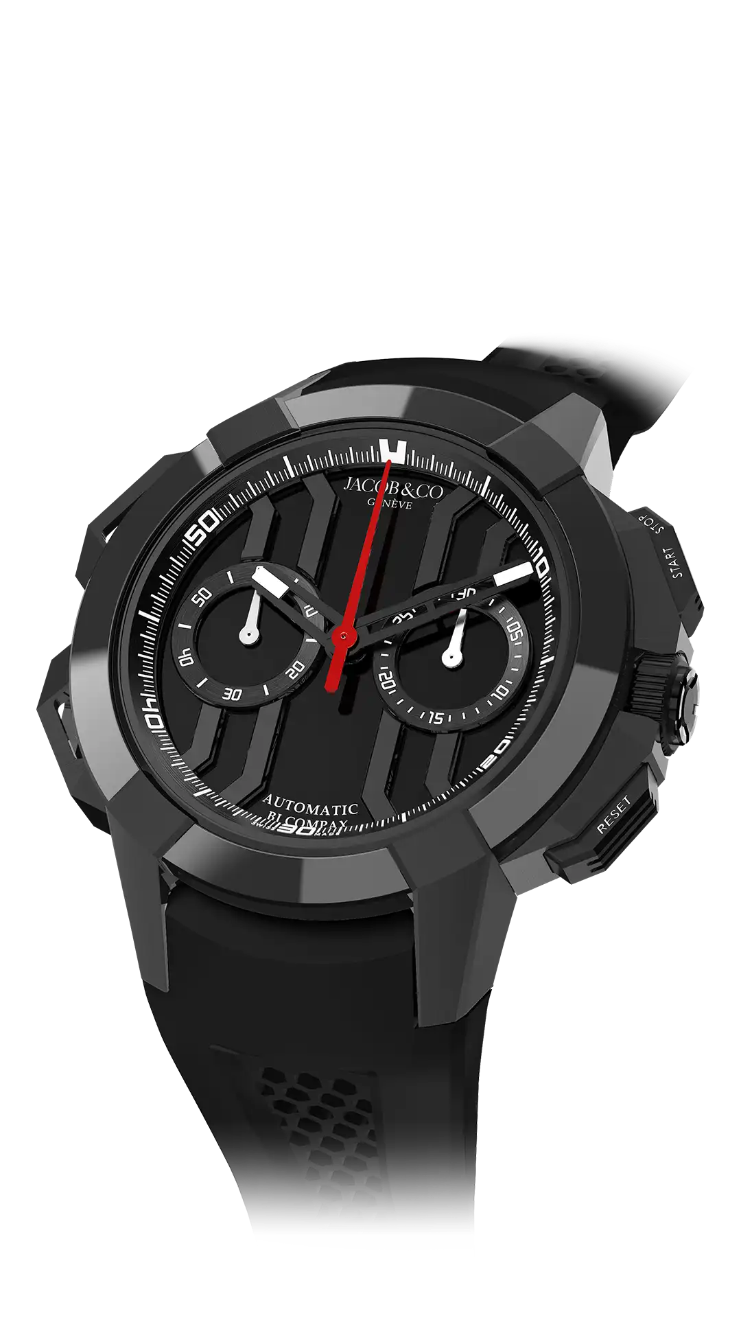 The black titanium Epic X Chrono 44-millimeter, with a black dial.