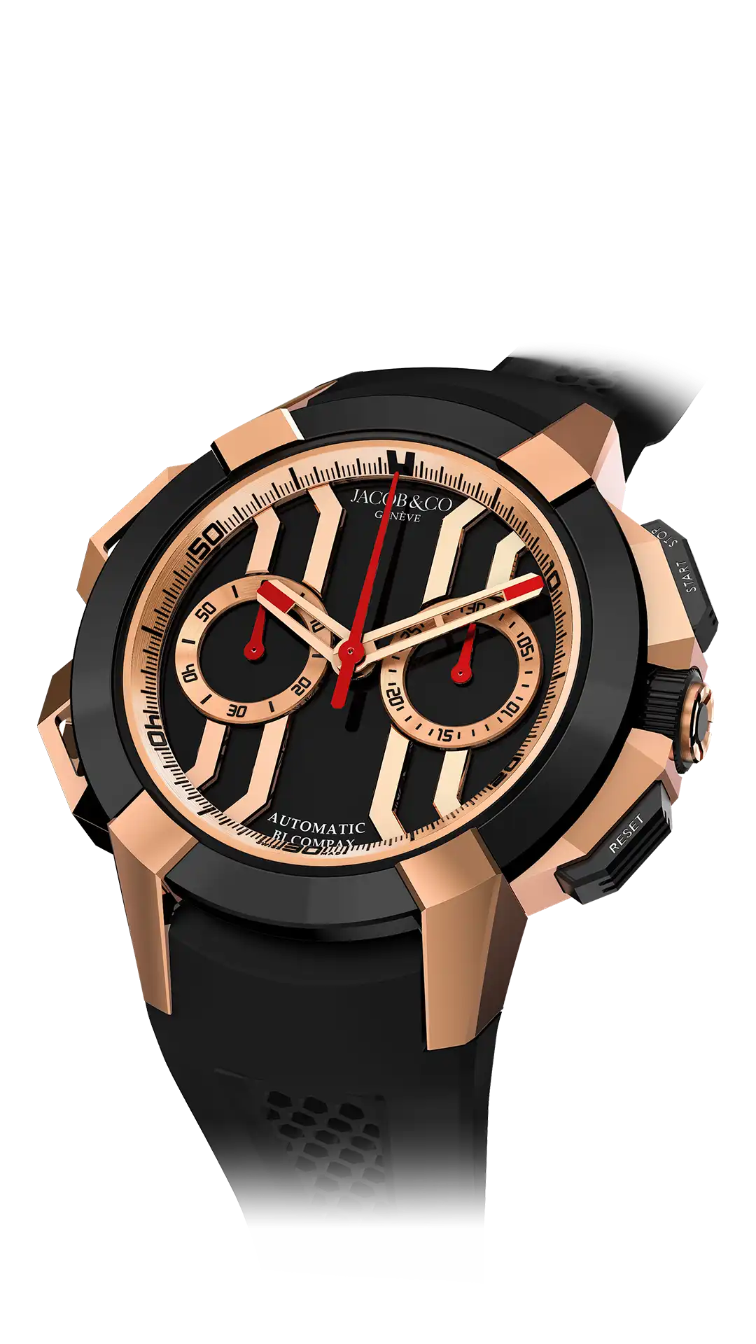 The rose gold & black ceramic Epic X Chrono 44-millimeter, with a black dial.