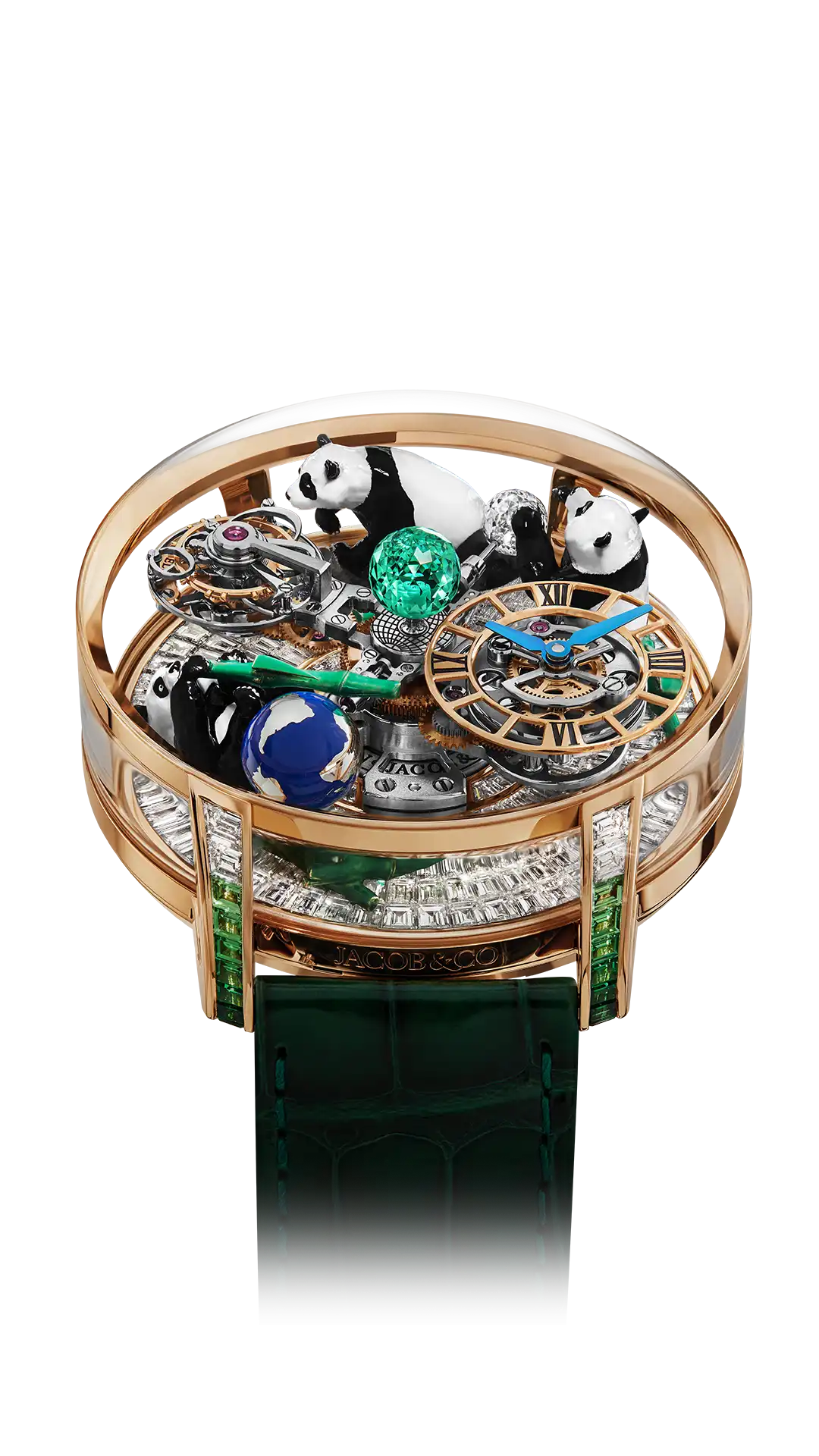 The rose gold Astronomia Art Metiers d'Art Pandas, with three pandas above a diamond-set platform base. Tsavorite lugs.