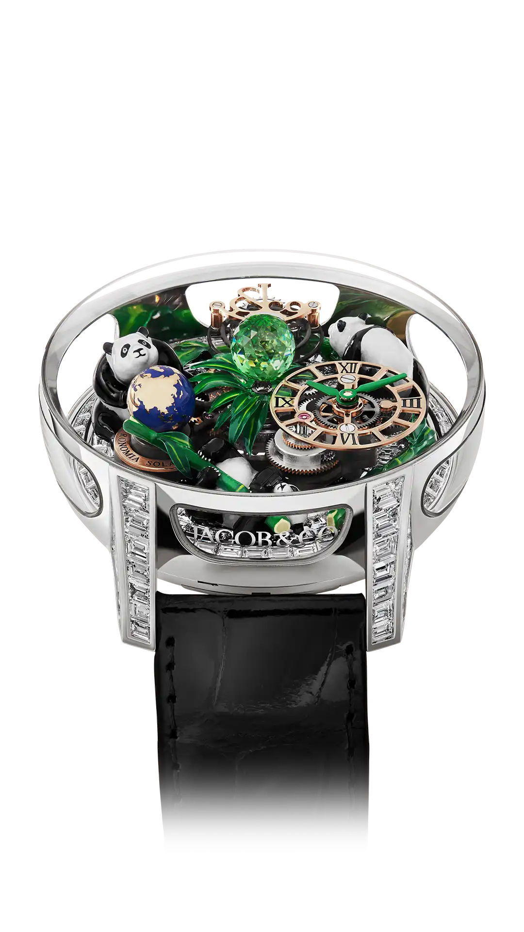 The white gold Astronomia Art Panda, with 3 large pandas above a diamond-set platform base. Diamond-set lugs