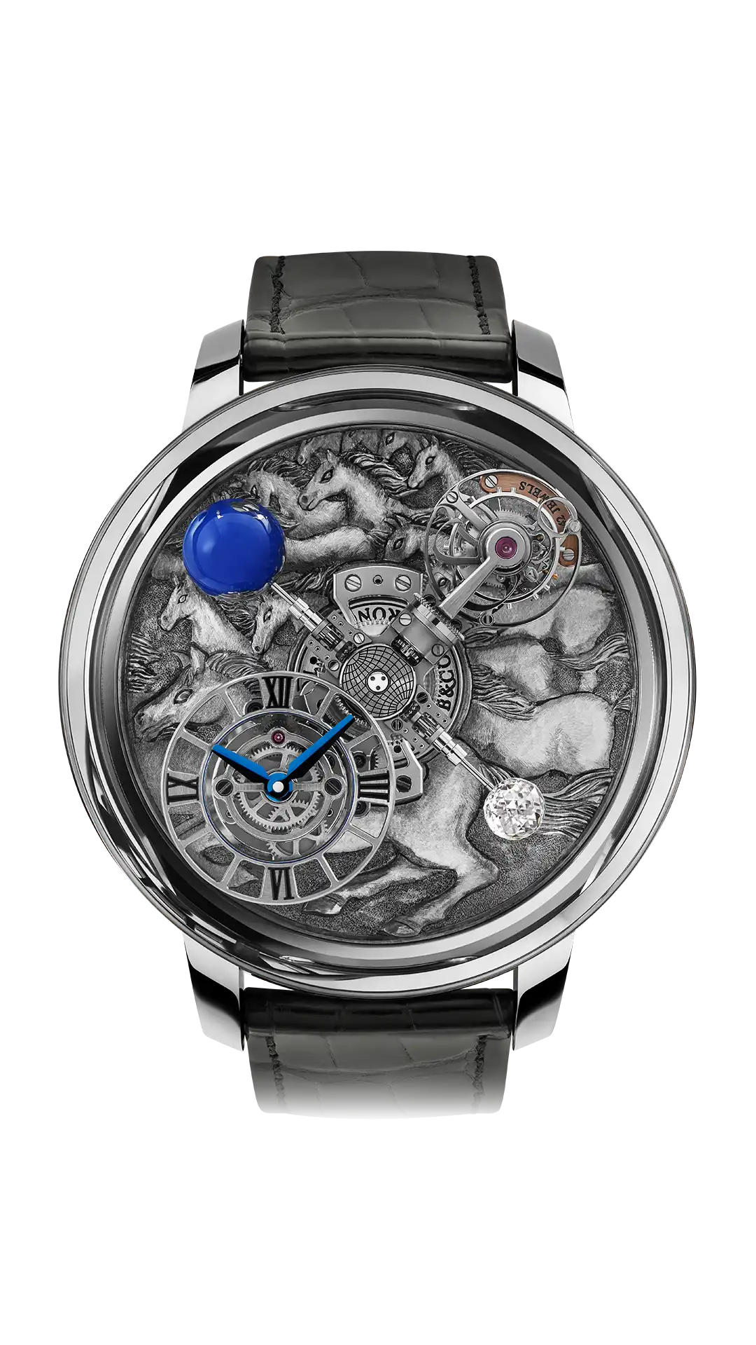 The white gold Astronomia Art Stallion, with an intricate horse herd engraving on the platform base.