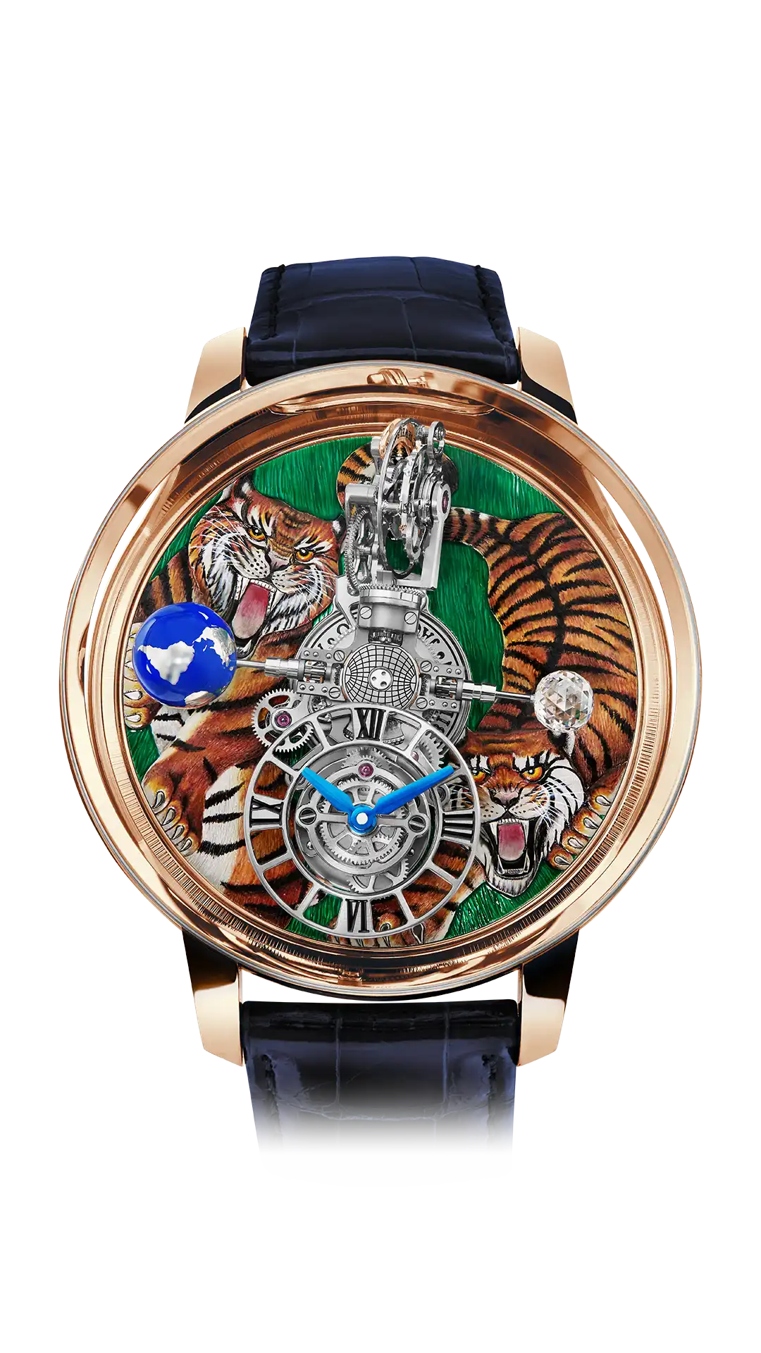 The rose gold Astronomia Art Tigers, with an intricate two-tiger design on the platform base.